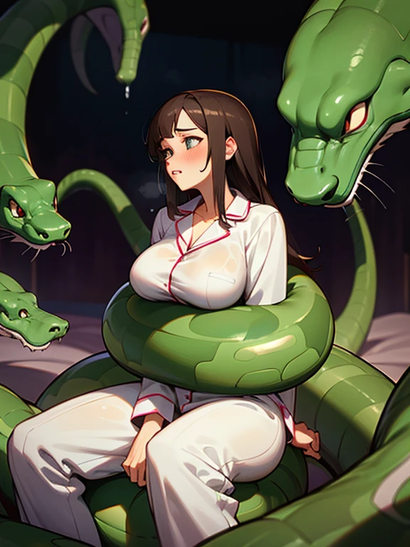 1girl, solo, (18-year-old), dark hair, long hair, bedroom bed in background, pajamas, white pajamas, sitting,spread my legs, (large breasts), cute,shy, blush, parted lips,  (snakes 1.5),(surrounded by snakes), (anaconda), (big snake), (coiled snake:1.0),coils, (Snakes entangled with girls:1.0),night, ((Side angle)), looking away, flustered face, surprised face ,wet skin, steam, best quality,detailed,high resolution,
