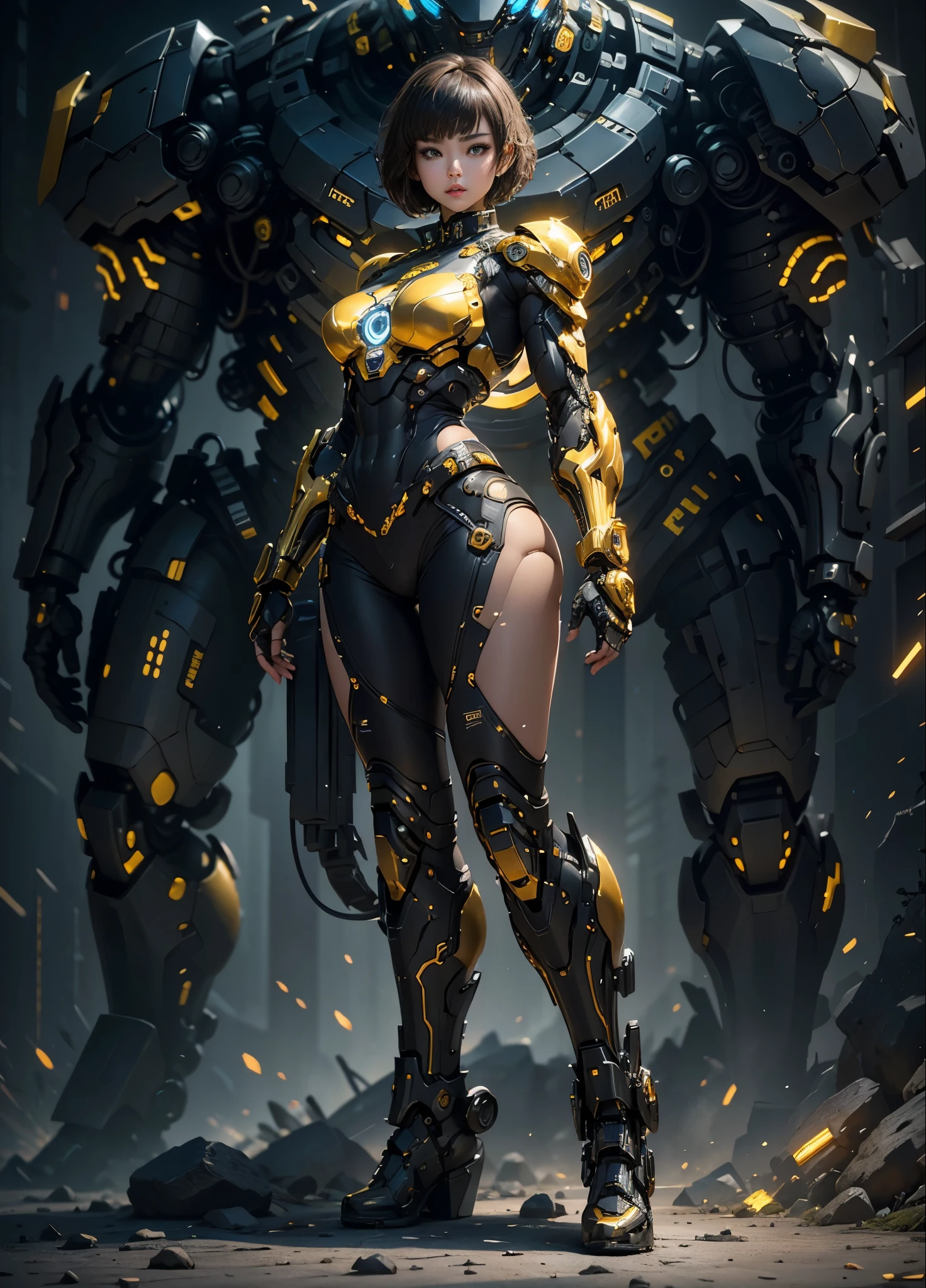 Beautiful cybernetic girl looking at camera underwear detailed muscles realistic masterpiece,Active Pose、action pose、LED Light、Gold Parts、bangs、Short Hair、front view、White and black ,head to thigh ,torso