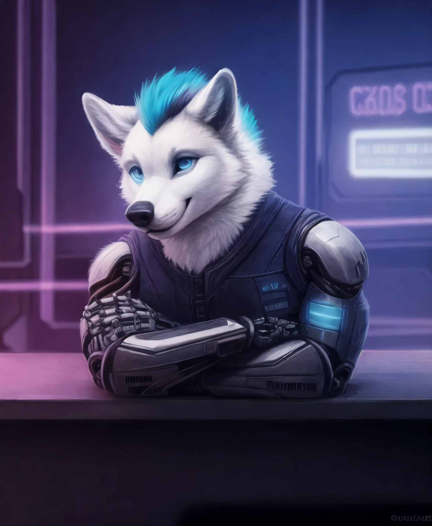 cyberpunk, portrait, cybernetic wolf, fluffy fur, (white face:1.4), multicolored hair (blue neon eyes:1.1), cybernetic limb, cybernetic arm, smile512, sitting in the bar, art BREAK [painting:photorealistic:0.4]