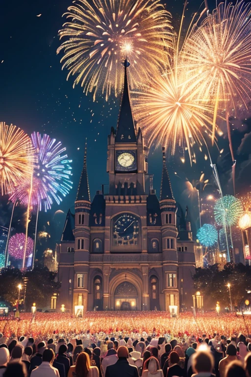 (best quality,4k,8k,highres,masterpiece:1.2), vibrant fireworks, colorful celebration, popping champagne, midnight tolling clock, setting resolutions, gathering of family and friends, scattered confetti, flickering candles, antique pocket watch, thrilling countdown