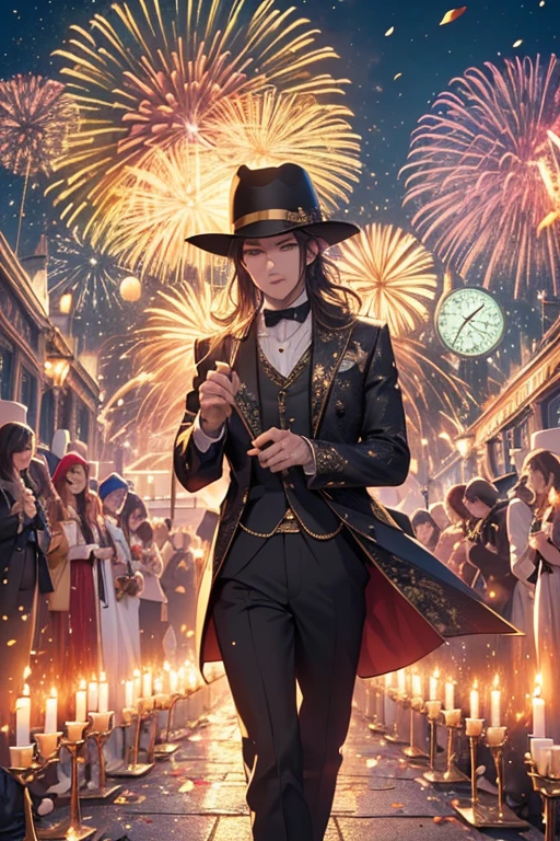 (best quality,4k,8k,highres,masterpiece:1.2), vibrant fireworks, colorful celebration, popping champagne, midnight tolling clock, setting resolutions, gathering of family and friends, scattered confetti, flickering candles, antique pocket watch, thrilling countdown