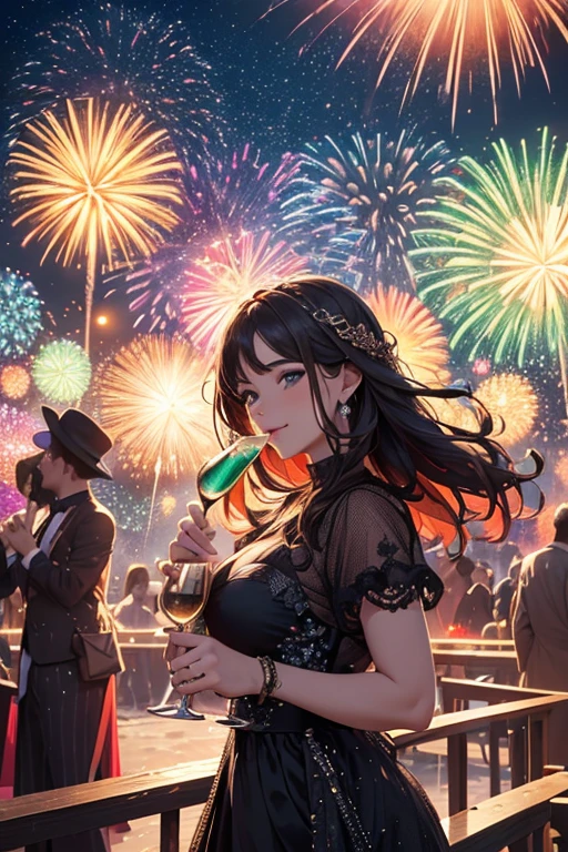 (best quality,4k,8k,highres,masterpiece:1.2), vibrant fireworks, colorful celebration, popping champagne, midnight tolling clock, setting resolutions, gathering of family and friends, scattered confetti, flickering candles, antique pocket watch, thrilling countdown