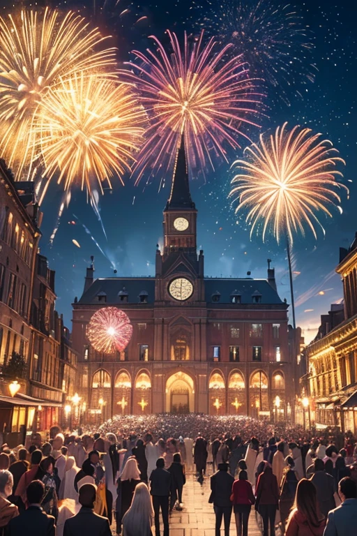 (best quality,4k,8k,highres,masterpiece:1.2), vibrant fireworks, colorful celebration, popping champagne, midnight tolling clock, setting resolutions, gathering of family and friends, scattered confetti, flickering candles, antique pocket watch, thrilling countdown