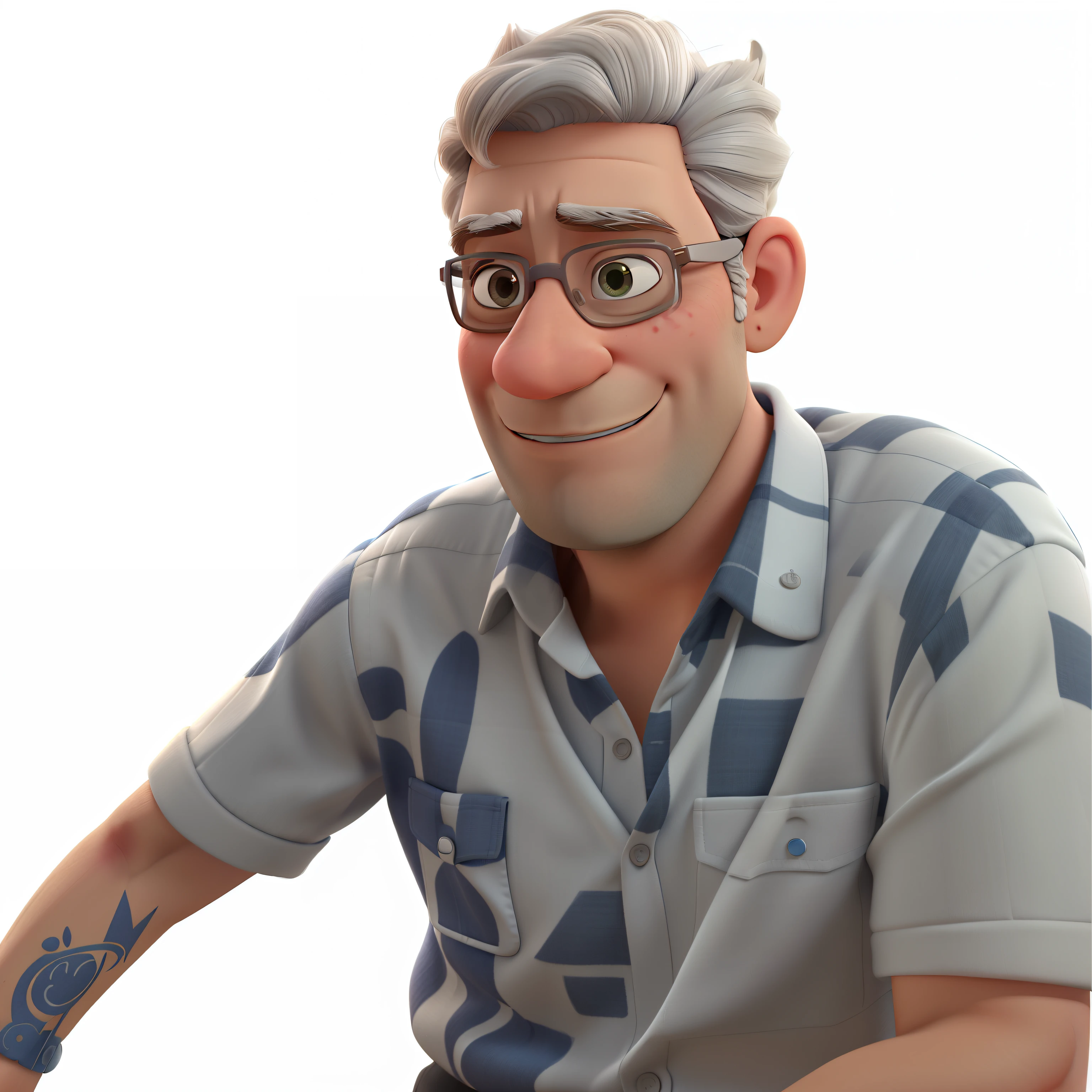 Crie uma imagem 3d pixar style retrato com visual clean e fundo branco de um homem de 50 anos sem barba, pele clara, olhos castanhos, not smiling, cabelo curto, with glasses.