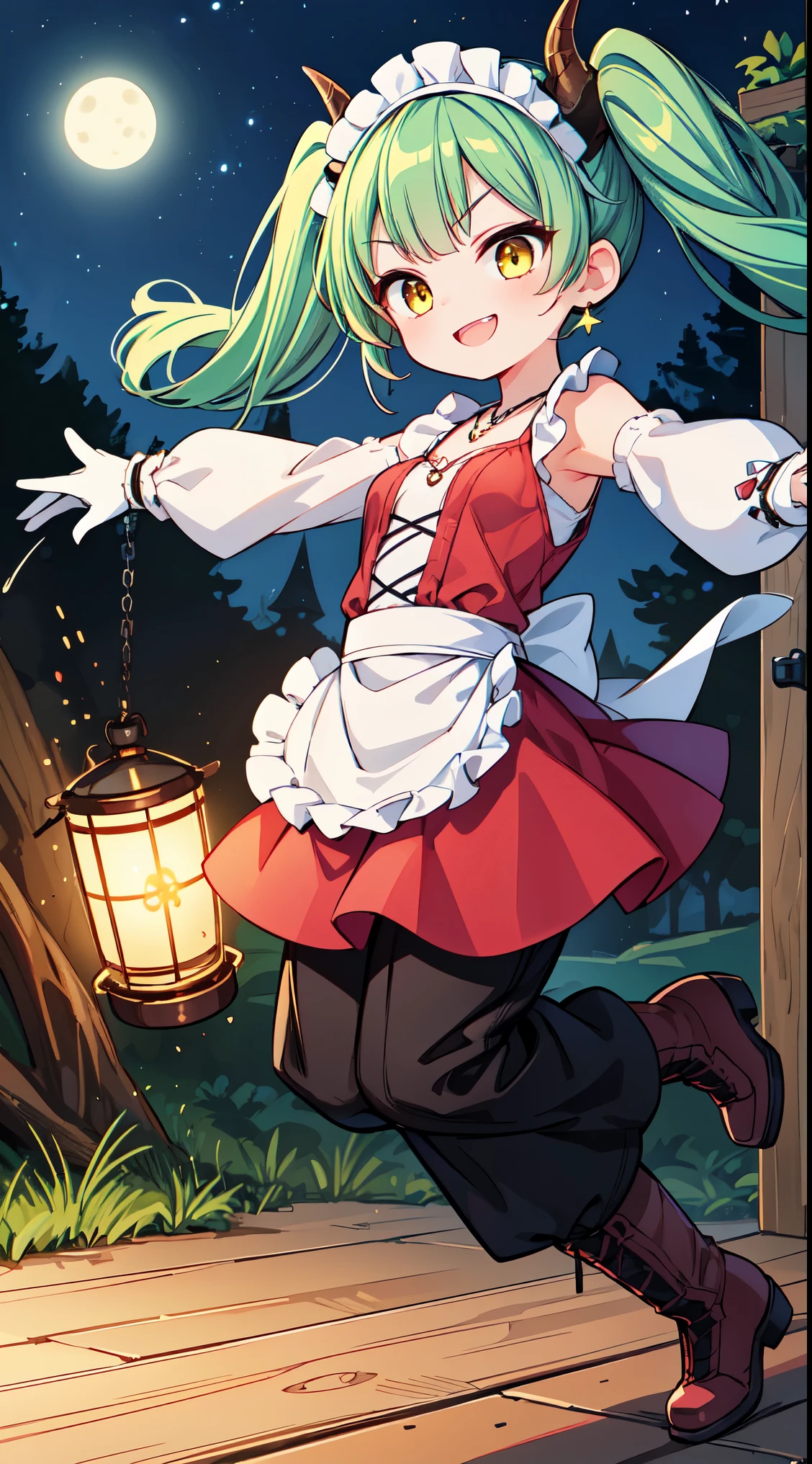 (super fine illustration:1.2),(masterpiece, 8k), (best quality, high quality:1.4), perfect anatomy, hyper detailed, ultra detailed,masterpiece background,beautiful detailed background, v8k wallpaper,perfect design,award-winning art,atmospheric,
BREAK, 1 beautiful girl, (17 year old girl),alone,(cute:1.5),(Little:0.6),(cute:1.5),(change:0.5),break, :d, (twin tails, green hair, horn, long hair:1.35), (yellow eyes, double, slanted eyes:1.45), blush, double teeth, ((D cup breasts))), heart, sight, maid, /maid dragon/, dragon tail, (long eyelashes, double eyelids, thin eyebrows:1.2), alone, glowing skin, beautiful skin, beautiful skin, (highest quality face), (highest quality slanted eyes), maid outfit, gloves, open your mouth, short sleeve, smile, white gloves,(The best smile,smug face:1.45),
BREAK, ((long sleeves), (long pants, boots, ), detailed frilled camisole), (red skirt, detailed laced skirt), (tiara, necklace, earrings), BREAK,chair, outdoor, girl,long sleeves, long pants, boots, mug, night, stars, forest, tent, 1girl, night,stars, (forest:1.2), (chair:1.2), (outdoor:1.2),mug, (night:1.2), (tent:1.2), look up,smile,
BREAK,wakame,wakame,wakame,(dynamic pose,from front:1.5)
BREAK,(Blurry background:1.3),(absurderes, hight resolution, Super Detail Art),cel shading,Clear Color, Lonely optical effect, Beautiful pictures, Bright glow, mystic atmosphere,(Close-up of girl:1.1), Mystical light particle effect,manga influence, clean line drawings,