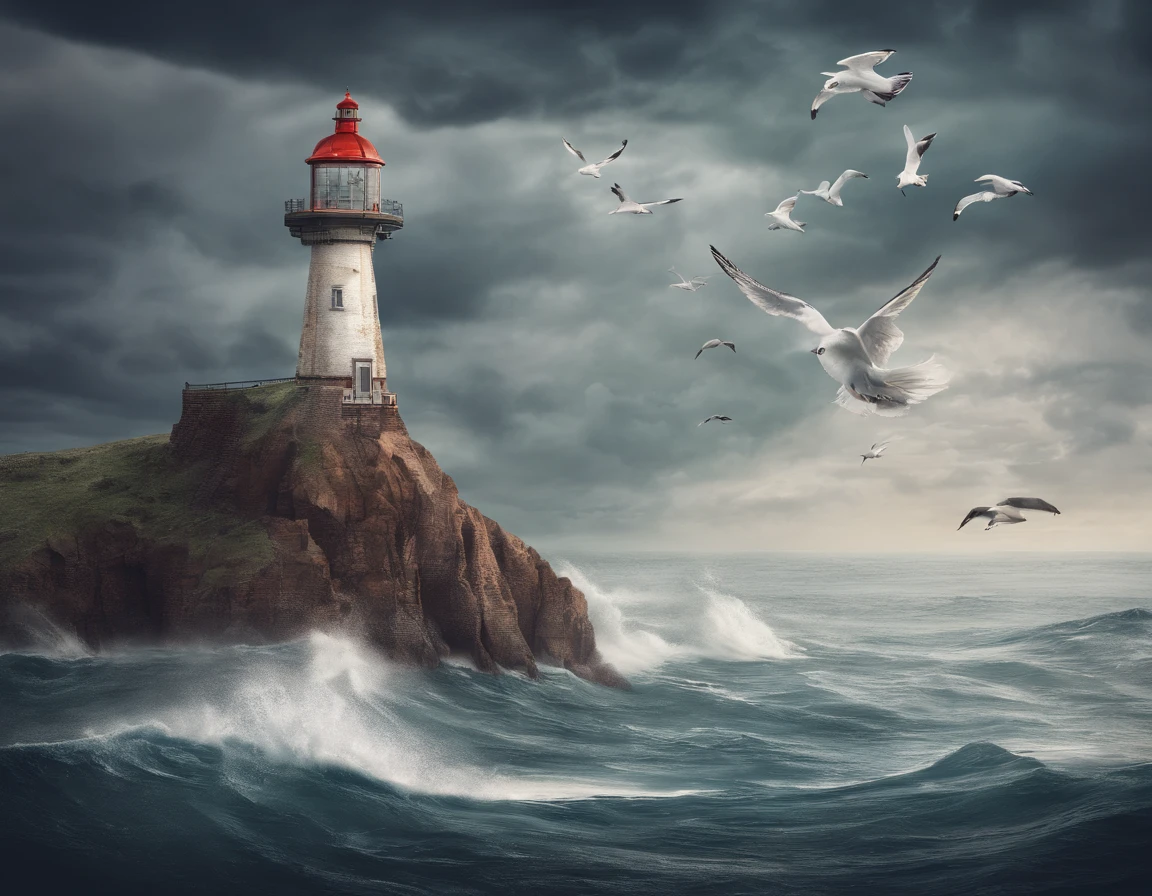 A small lighthouse on the edge of a cliff with a stormy sky and rough seas and a seagull flying in the foreground.