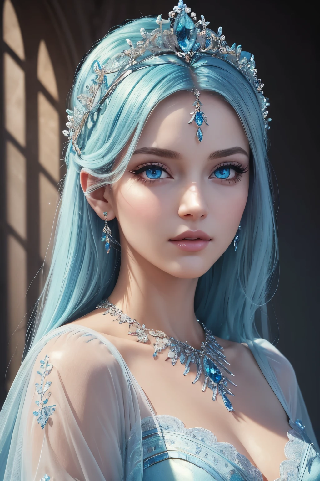 true masterpiece, a beautiful gorgeous fairy princess woman, light blue hair, light blue eyes, symmetrical eyes, detailed eyes, high quality eyes, light blue dress, perfect face, light blue eyeshadow on her eyes, eyeliner, very long beautiful eyelashes, light blue necklacke, light blue tiara on her head, high quality face, realistic, photorealistic, shiny skin, (masterpiece:1.5), concept art, intricate details, highly detailed, octane render, 8k, unreal engine, dynamic pose, best quality, highres, pale skin, beautiful makeup, stunning beauty, very long eyelashes, 32k, high dynamic range, ultra realistic, highly detailed, high definition, extraordinary, stunning, beautiful, serene, normal proportions, perfect anatomy, realistic face, realistic eyes, highly detailed face, highly detailed body, high details, intricate clothing, glowing shadows, beautiful gradient, depth of field, clean image, extremely detailed face, highly detailed background, perfection, dreamy, gentle face, flowing, bright, bright background, sparkles in background, rays of light, plump lips, dazzling eyes, foreground, top of her dress is visible