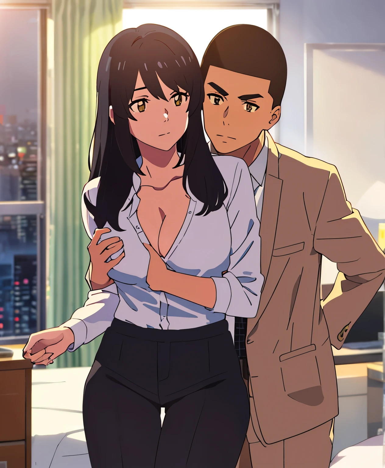 masterpiece:1.6, best quality), finely detailed beautiful eyes: 1.2), colorful, shinkai makoto, kimi no na wa., 1boy, buzzcut, muscular, brown eyes, office worker suit, boy caressing girl's body, breast groping, breast grope, hold breast, 1girl, bangs, black hair, brown eyes, twisted half up, red ribbon, long hair, long sleeve light yellow cardigan, open shirt, yellow shirt, cleavage, breast, medium breast, black pants, indoors, bedroom, night, cowboy shot, face to face, perfect anatomy