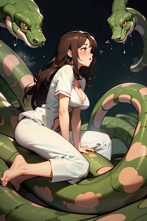 1girl, solo, (18-year-old), dark hair, long hair, bedroom bed in background, pajamas, white pajamas, sitting,spread my legs, (large breasts), cute,shy, blush, parted lips,  (snakes 1.5),(surrounded by snakes), (anaconda), (big snake), (coiled snake:1.0),coils, (Snakes entangled with girls:1.0),night, ((Side angle)), looking away, flustered face, surprised face ,wet skin, steam, best quality,detailed,high resolution,
