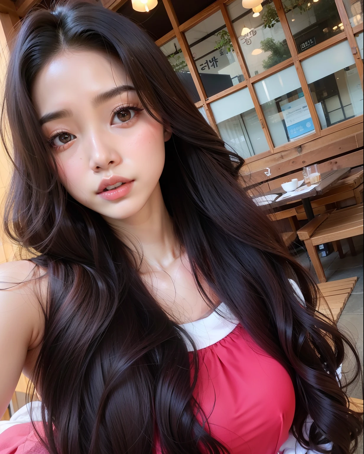 um close up de uma mulher com cabelos longos usando um vestido rosa, beautiful south mulher coreana, gorgeous young mulher coreana, beautiful young mulher coreana, Asian with long hair, Ulzzang, coreana, dilraba dilmurat, young lovely korean face, mulher coreana, maquiagem sul-coreana popular, jaeyeon nam, beautiful asian girl, Heonhwa Choe