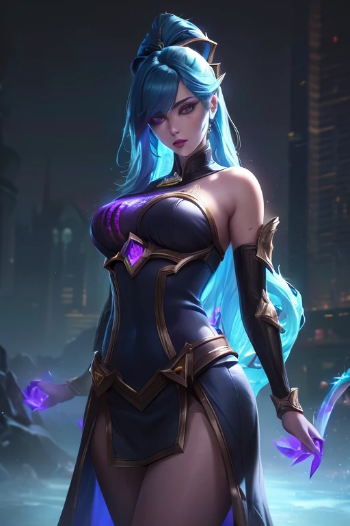 (League of Legends:1.5), (RAW,(8k),octanerender,complex3drenderultradetailed,studiosoftlight,rimlight,vibrantdetails,ultradetailed,realisticskintexture,ultradetailedskin,beautifuldetailedeyes,extremelydetailedCGunity8kwallpaper),cowboyshot,globalillumination,((ultrarealisticdetails)),ultrasharp,cbpk,intricate,ornamentsdetailed,coldcolors,Enginedetails,highlyintricatedetails,realisticlight,asymmetricalhair,aquahair,neondetails,mechanicallimbs,Dynamicaction,xuanwu,wading,arms behind back