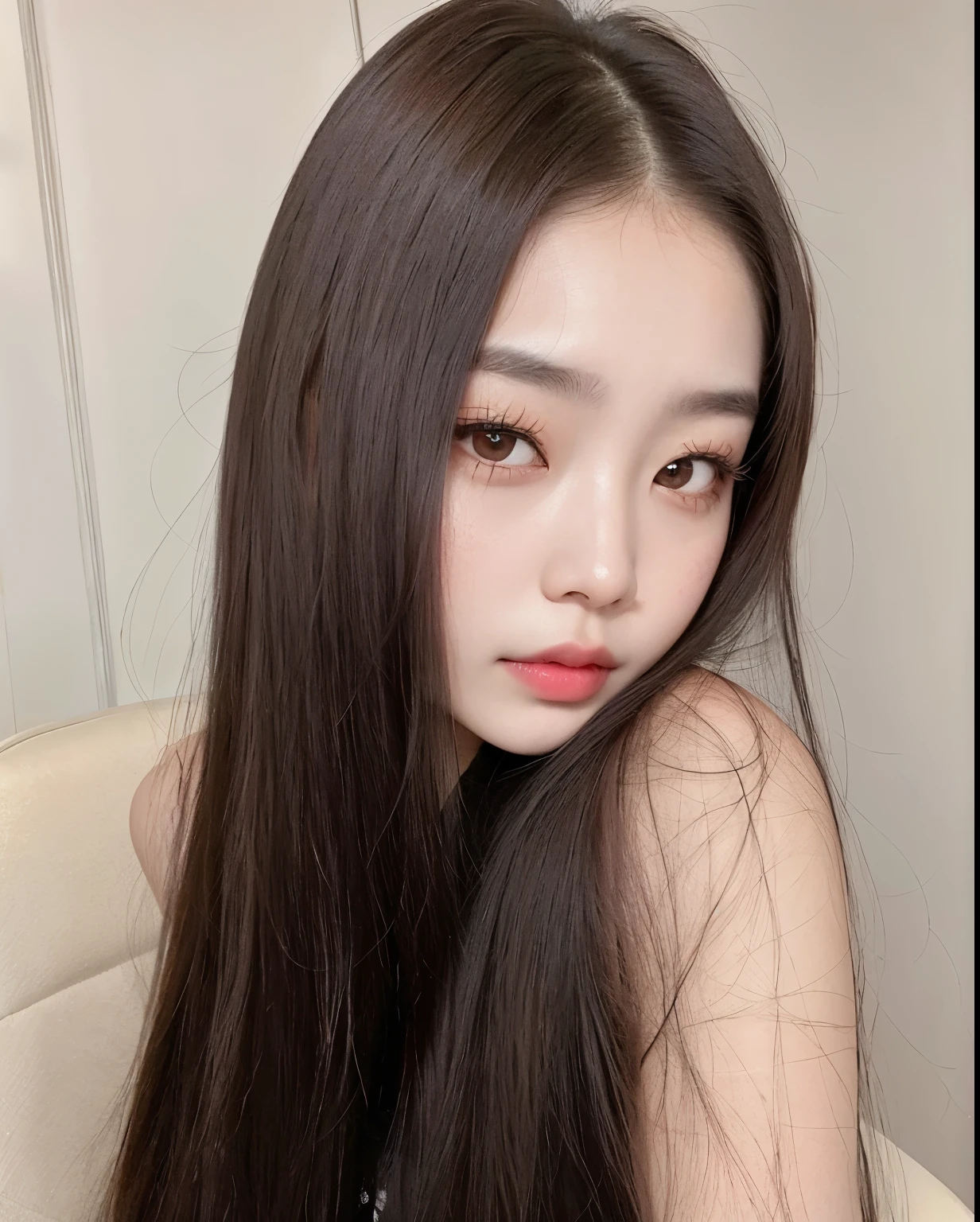 there is a woman com cabelo comprido sitting on a chair,  coreana, dilraba dilmurat, Ulzzang, asian girl com cabelo comprido, com cabelo comprido, com cabelo comprido and piercing eyes, linda mulher sul-coreana, asian features, jaeyeon nam, beautiful asian girl, 18 anos de idade, Korean facial features, pale round face