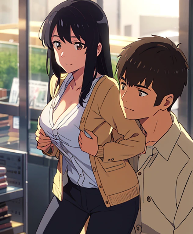 masterpiece:1.6, best quality), finely detailed beautiful eyes: 1.2), colorful, shinkai makoto, kimi no na wa., 1boy, buzzcut, muscular, brown eyes, office worker suit, boy caressing girl's body, breast groping, breast grope, hold breast, 1girl, bangs, black hair, brown eyes, waterfall braid, red ribbon, long hair, long sleeve light yellow cardigan, open shirt, yellow shirt, cleavage, breast, medium breast, black pants, indoors, jewelery shop, mall, cowboy shot, face to face