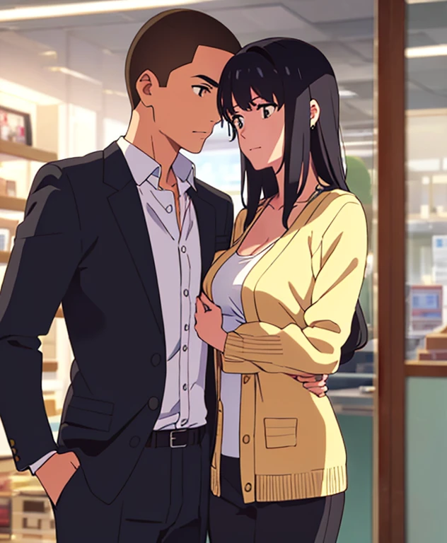 masterpiece:1.6, best quality), finely detailed beautiful eyes: 1.2), colorful, shinkai makoto, kimi no na wa., 1boy, buzzcut, muscular, brown eyes, office worker suit, boy caressing girl's body, breast groping, breast grope, hold breast, 1girl, bangs, black hair, brown eyes, waterfall braid, red ribbon, long hair, long sleeve light yellow cardigan, open shirt, yellow shirt, cleavage, breast, medium breast, black pants, indoors, jewelery shop, mall, cowboy shot, face to face