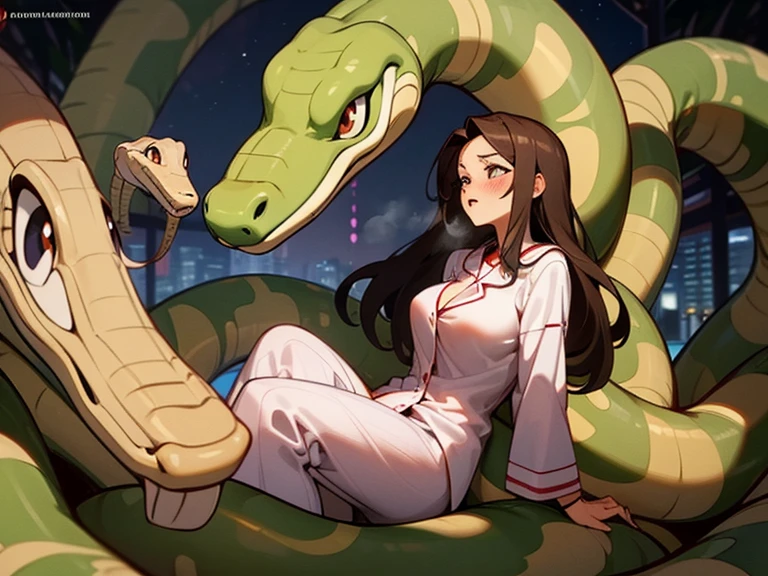 nsfw, 1girl, solo, (18-year-old), dark hair, long hair, bedroom bed in background, pajamas, white pajamas, sitting,spread my legs, (large breasts), cute,shy, blush, parted lips, (snakes 1.5),(surrounded by snakes), (anaconda), (big snake), (coiled snake:1.0),coils, (Snakes entangled with girls:1.0),night, ((Side angle)), looking away,face to face, flustered face, surprised face ,wet skin, steam, best quality,detailed,high resolution,
