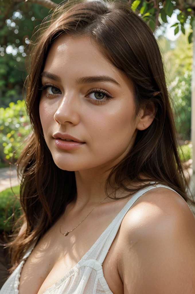 (high quality:1.2),realistic,portraits,illustration,oil painting,detailed face,beautiful detailed eyes,beautiful detailed lips,voluptuous body,curvy figure,long eyelashes,young woman,long brown hair,attractive appearance,fashionable outfit,confident expression,natural lighting,vivid colors,medium:oil on canvas,70s retro vibe,soft focus,fine brush strokes,feminine energy,lush garden background,sunlight filtering through trees,peaceful atmosphere
