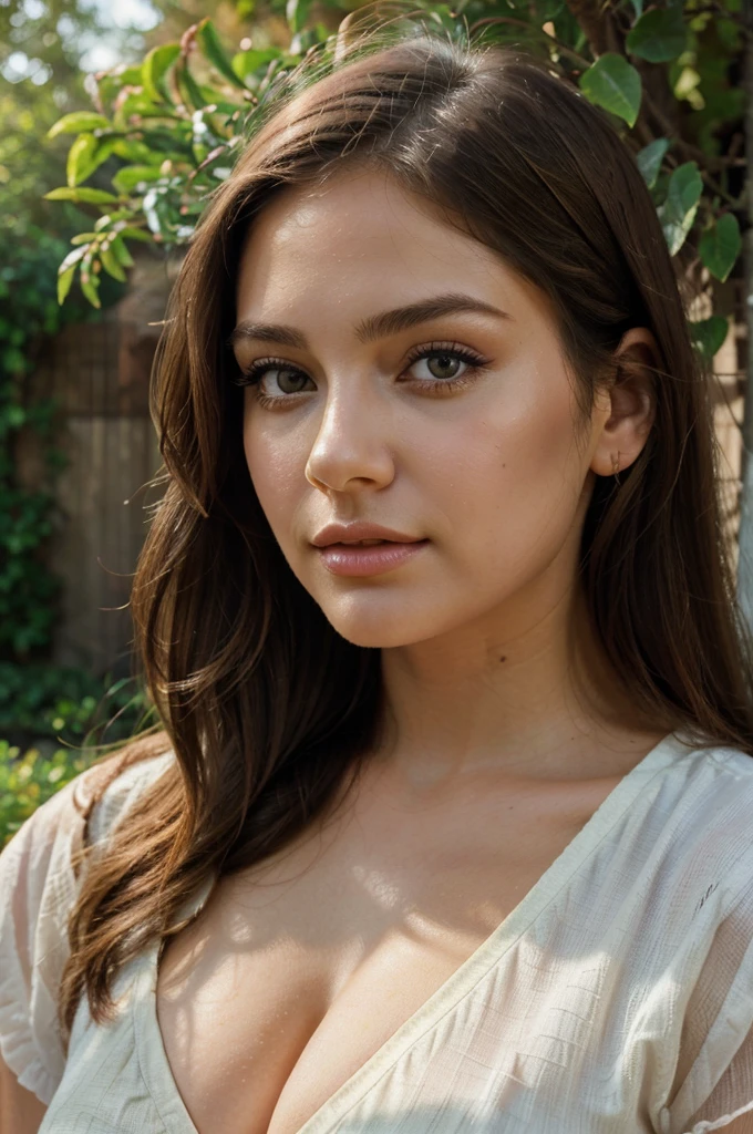 A girl in a vibrant garden, surrounded by colorful flowers and lush green trees, basking in the warm sunlight.(best quality,4k,8k,highres,masterpiece:1.2),ultra-detailed,(realistic,photorealistic,photo-realistic:1.37),HDR,UHD,studio lighting,ultra-fine painting,crisp details,professional,vivid colors,bokeh,portrait,blissful,serene,soft lighting.