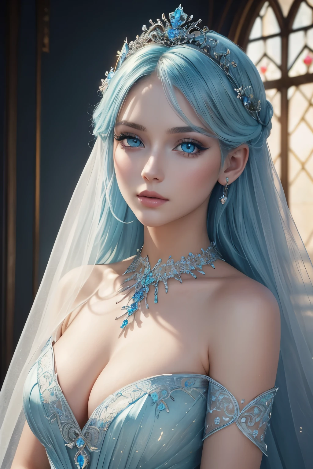 true masterpiece, a beautiful gorgeous fairy princess woman, light blue hair, light blue eyes, symmetrical eyes, detailed eyes, high quality eyes, light blue dress, perfect face, light blue eyeshadow on her eyes, eyeliner, very long beautiful eyelashes, light blue necklacke, light blue tiara on her head, high quality face, realistic, photorealistic, shiny skin, (masterpiece:1.5), concept art, intricate details, highly detailed, octane render, 8k, unreal engine, dynamic pose, best quality, highres, pale skin, beautiful makeup, stunning beauty, very long eyelashes, 32k, high dynamic range, ultra realistic, highly detailed, high definition, extraordinary, stunning, beautiful, serene, normal proportions, perfect anatomy, realistic face, realistic eyes, highly detailed face, highly detailed body, high details, intricate clothing, glowing shadows, beautiful gradient, depth of field, clean image, extremely detailed face, highly detailed background, perfection, dreamy, gentle face, flowing, bright, bright background, sparkles in background, rays of light, plump lips, dazzling eyes, foreground, top of her dress is visible