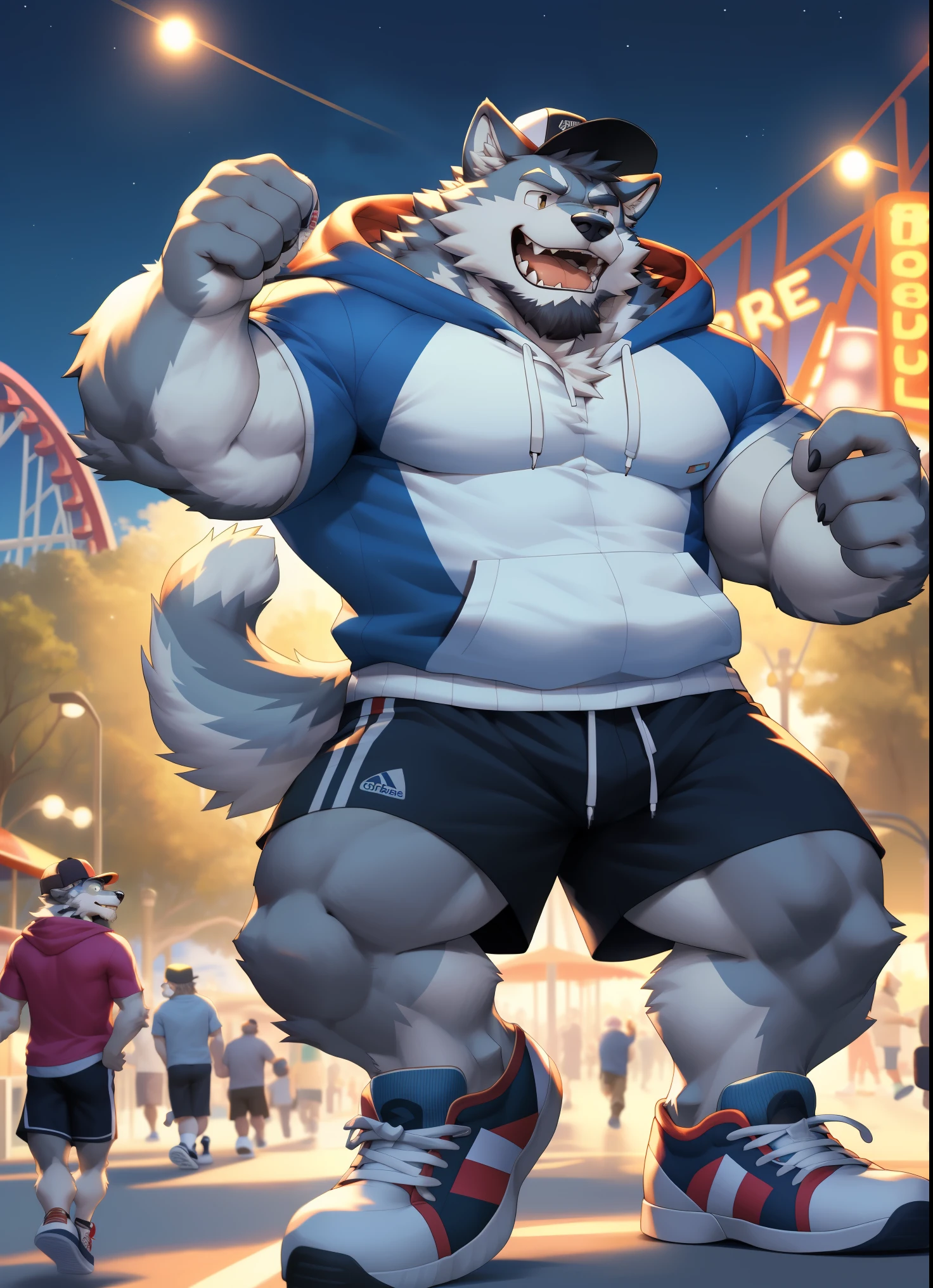 hairy，（（Wolf，hoodie，shorts，Board shoes，hat）），beard，white socks，white fur，male，Common，full body picture（（极其lifelike阴影，masterpiece，Very detailed，lifelike））， （（Cat）），dynamic poses，amusement park，night（（极其lifelike背景，masterpiece，Very detailed，lifelike））detailed background
