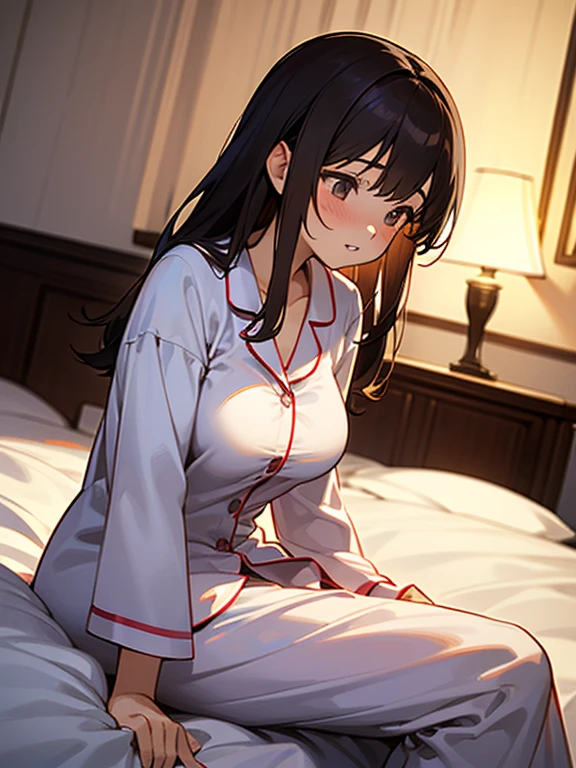 1girl, solo, (18-year-old), dark hair, long hair, bedroom bed in background, pajamas, white pajamas, sitting,spread my legs, (large breasts), cute,shy, blush, parted lips, night, ((Side angle)), looking away,steam, best quality,detailed,high resolution,