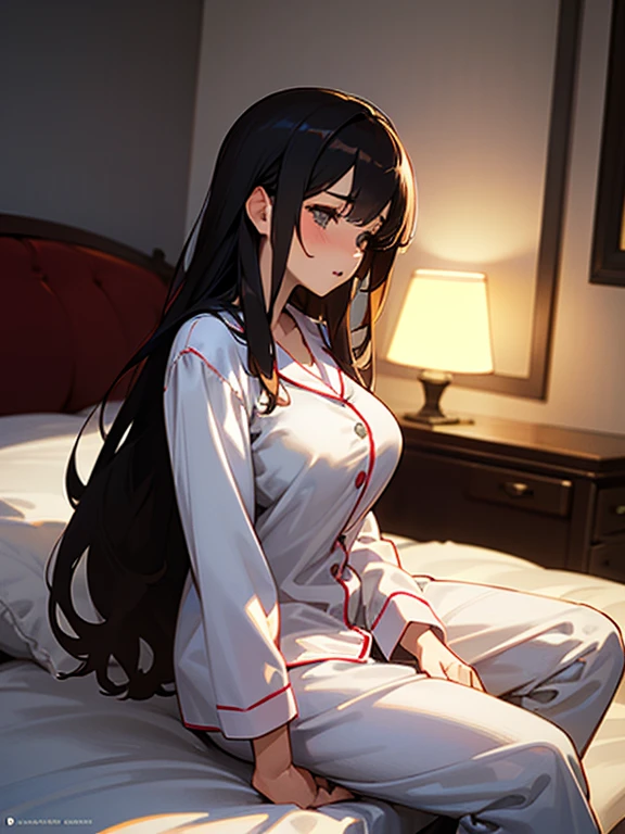 1girl, solo, (18-year-old), dark hair, long hair, bedroom bed in background, pajamas, white pajamas, sitting,spread my legs, (large breasts), cute,shy, blush, parted lips, night, ((Side angle)), looking away,steam, best quality,detailed,high resolution,
