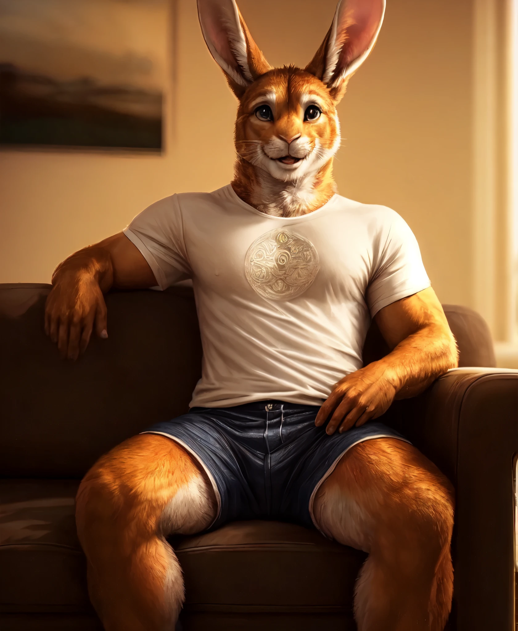 lagomorph, muscular rabbit, t-shirt, shorts, sitting on the sofa, happy, cozy living room, smile512, detailed room background, masterpiece, realistic, sharp, ultra-detailed, extremely intricate, cinematic light