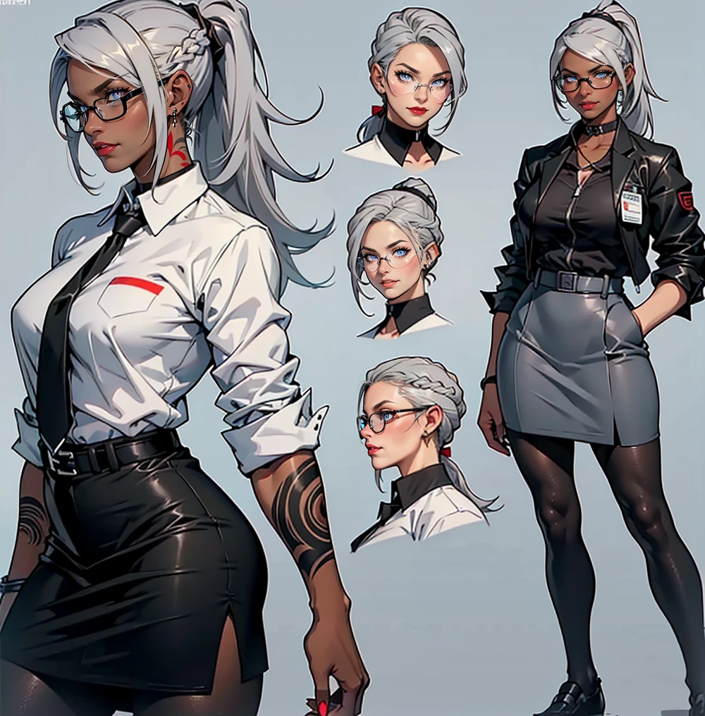 ((Masterpiece, Highest quality)), Detailed face, (character design sheet), full bodyesbian, Full of details, frontal body view, back body view, Highly detailed, Depth, Many parts, Multiple poses and expressions (mature woman with long ponytail grey hair) (red eyes), 35 years old, (name:Alexa Summer) ,dominant gorgeous girl, same character, muscle body, (Ebony:1.4), dark skinned girl, evil smile, angry expression red lips, (business suit), girl tall, chokers, (Sexy Office Lady ), tattoos, glasses, short black skirt, white shirt, pantyhose, stocking