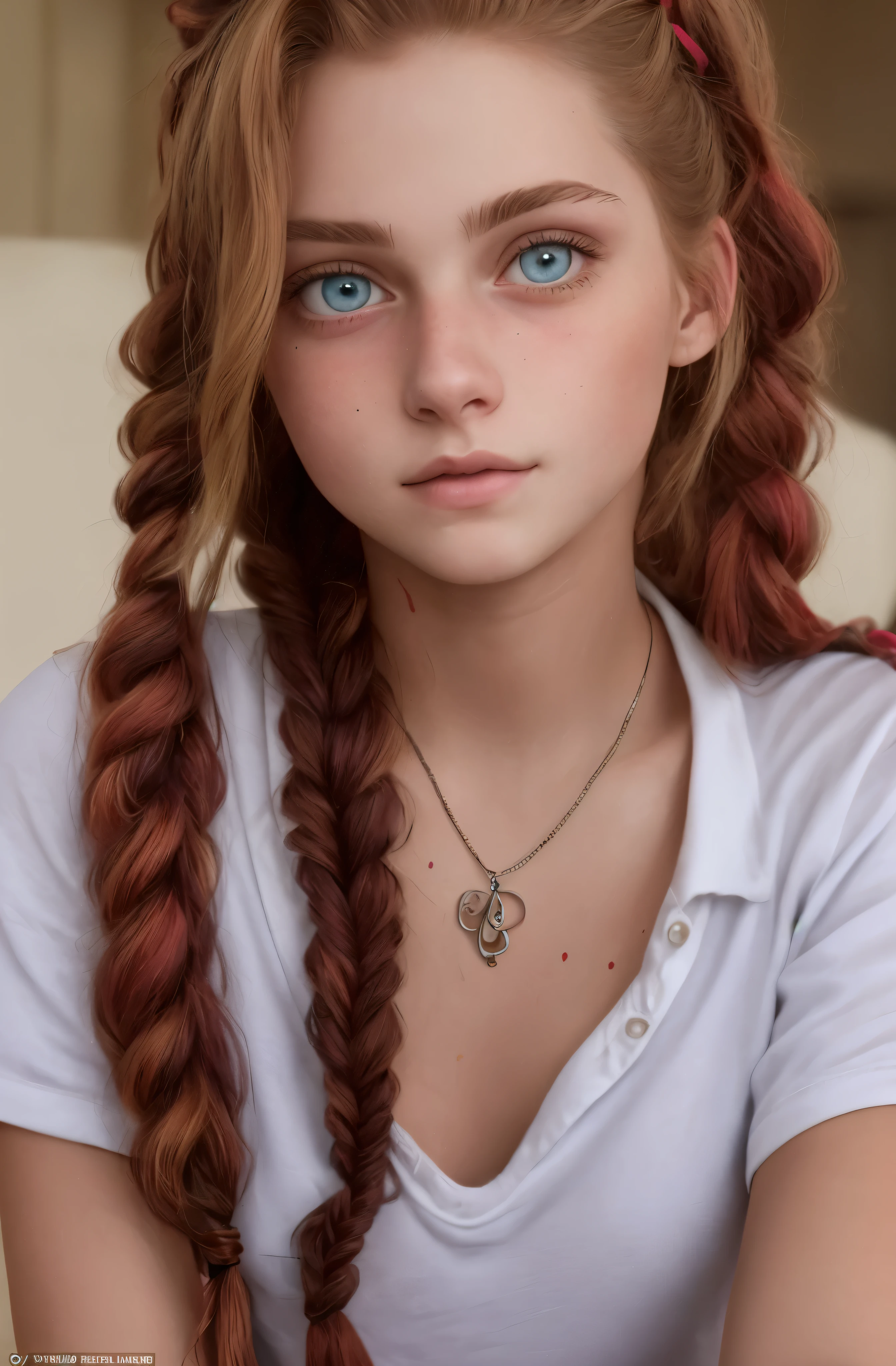 Ultra-real photo of 18-year-old Pippi Longstocking, mischievous eyes, long red tousled and braided hair, sexual, Sloppy look, bright colors, Intricate details of her beautiful eyes and perfect face.