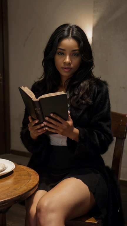Ultra-realistic 8k photos like professional shots. sexy black female. Make me a 28 year old black female. woman's body size, weight 50 kg, chest size 90. slightly curly black hair. Women must wear a black fur coat, white shirt, black skirt. Charming pose, Sit facing the viewer, an old table with a book. The background dark And there was a spotlight.
