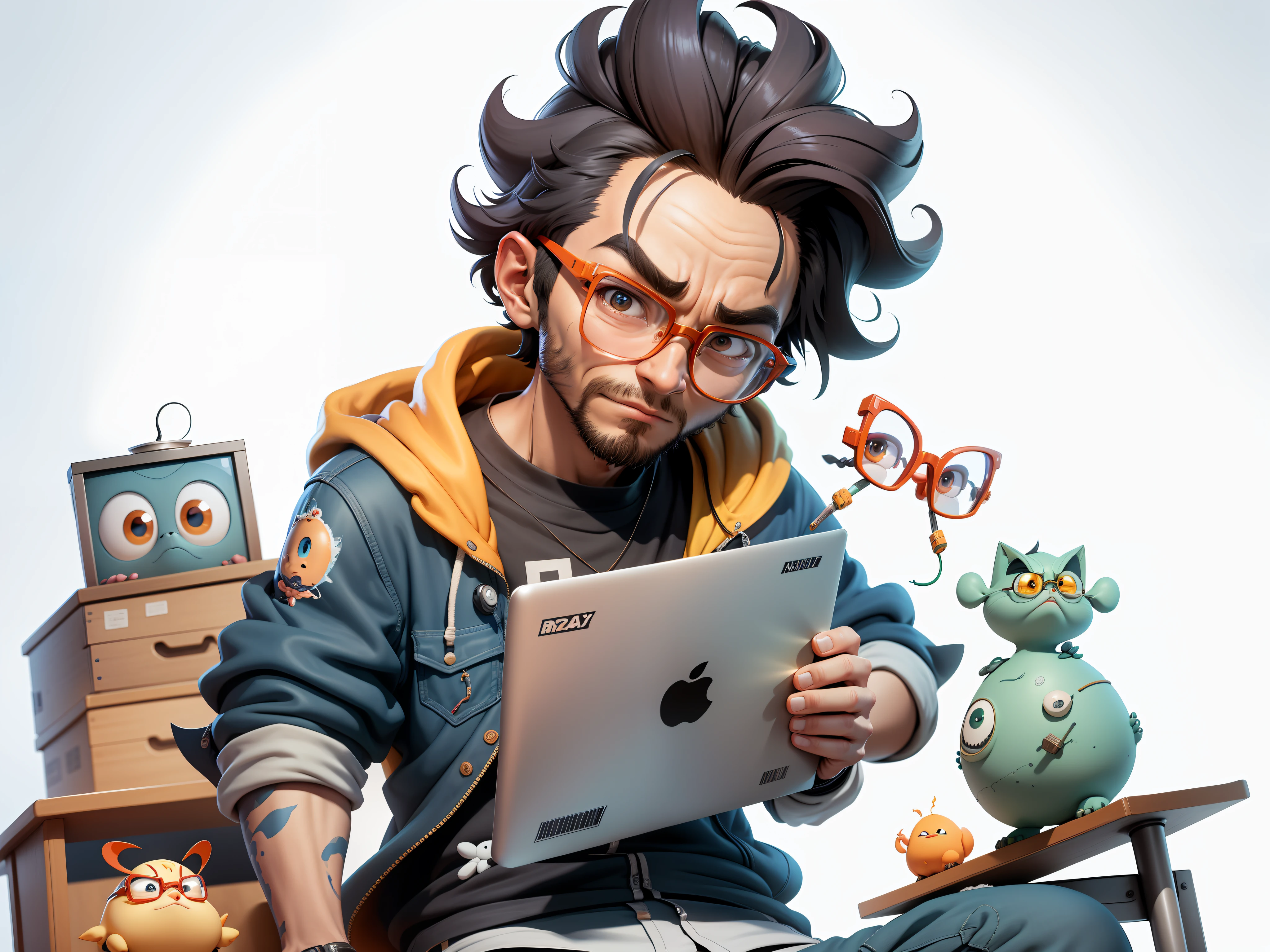 A bespectacled young man sits at his desk，segurando laptop，pintura digital，Design de personagens 3D por Mark Clairen e Pixar e Hayao Miyazaki e Akira Toriyama，4K HD Illustration，Very detailed facial features and cartoon-style visuals。