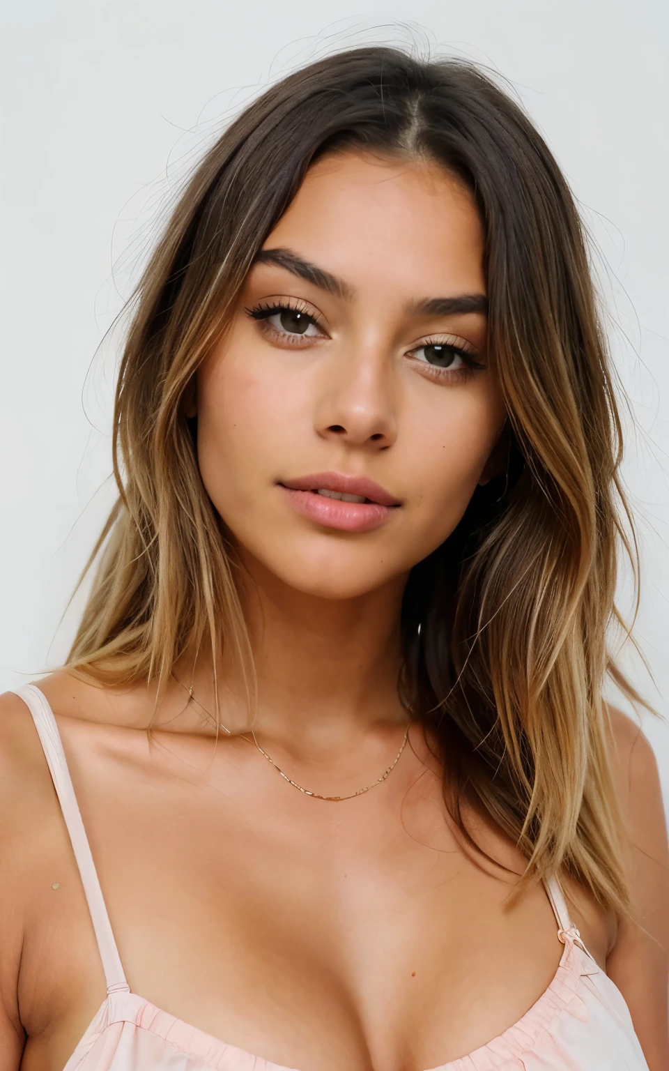 a 20 year old SOUTH american girl, tanned skin blonde balayage hair, wearing rose dress, realistic, masterpiece, highest quality, [[chromatic aberration]],best shadow, photorealism, hyperrealism, one girl, pose in the sexy way in bad