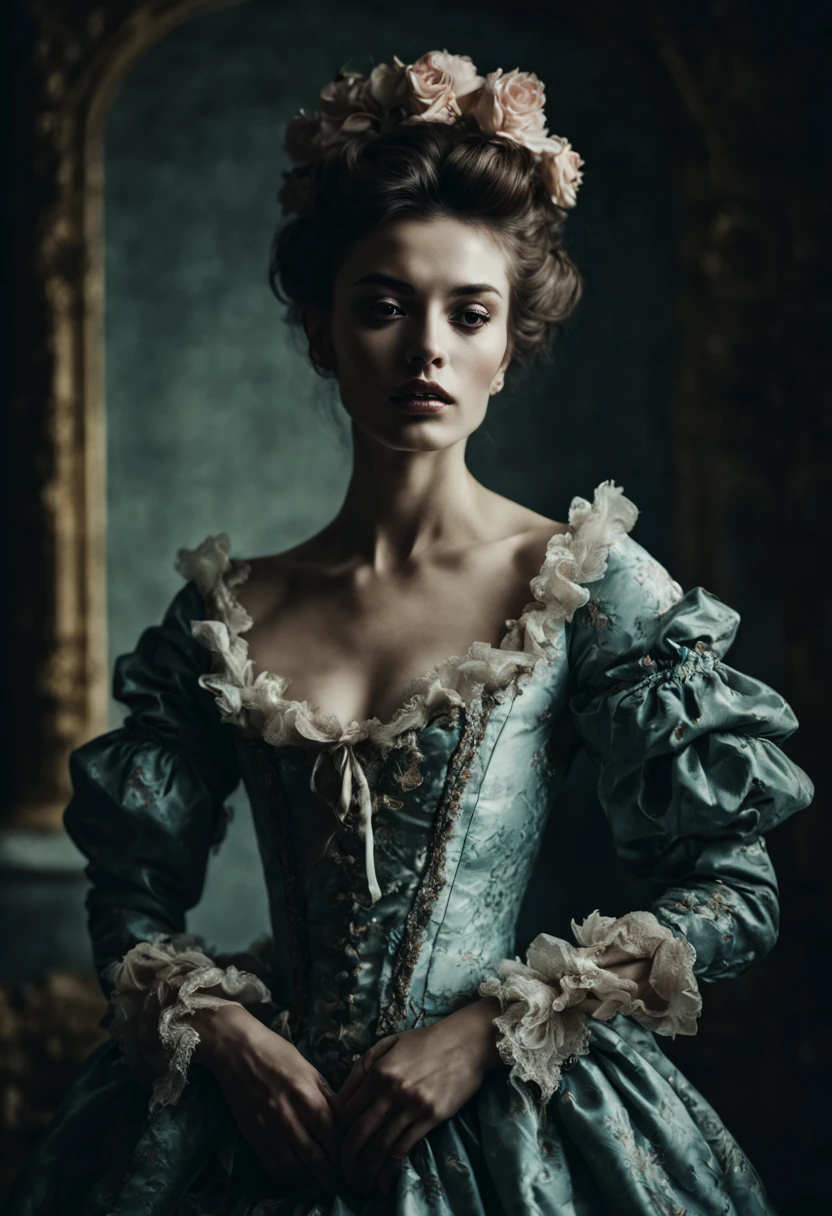 editorial photograph of a beautiful rococo woman, Alessio Albi, dark, soft focus