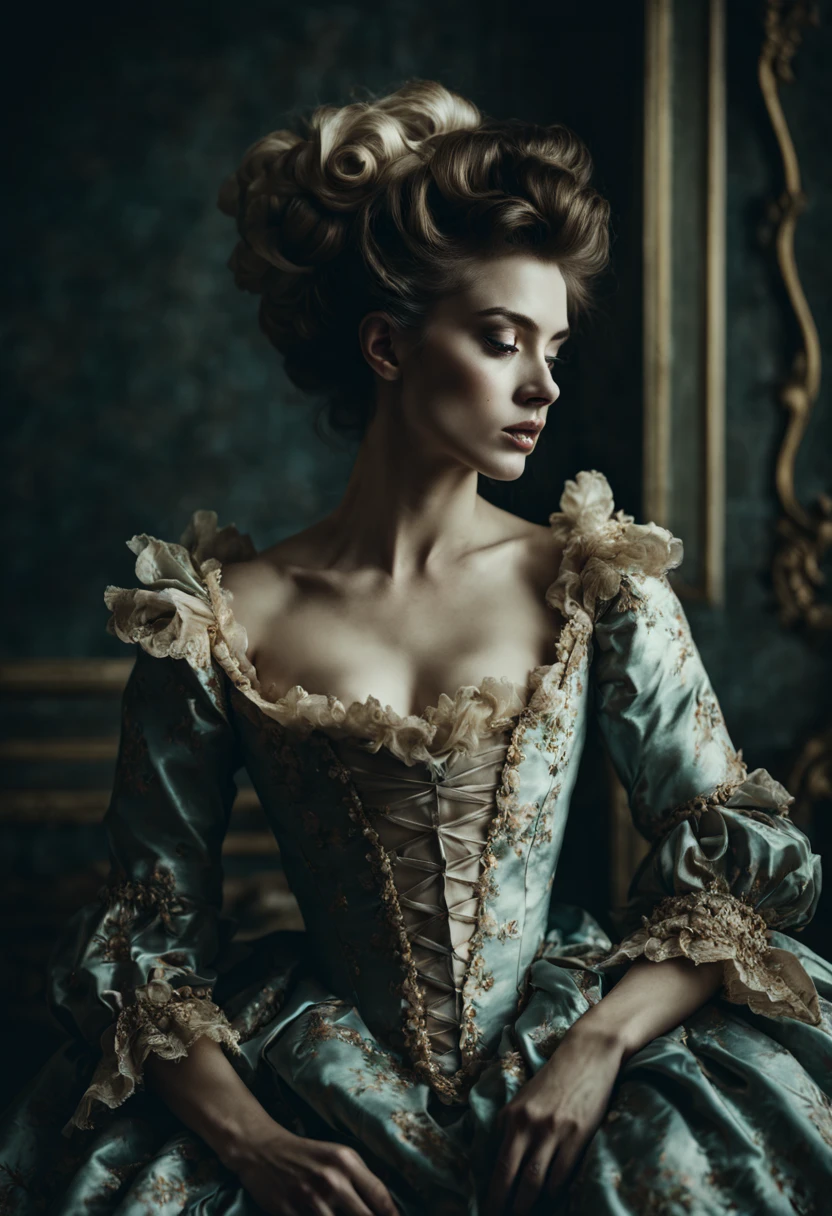 editorial photograph of a beautiful rococo woman, Alessio Albi, dark, soft focus