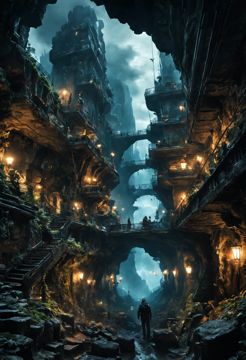 Aleksi Briclot, Johannes Voss, Steve Argyle; Underground City in the Clouds, Photograph Taken on Nikon D750, in an underground landscape, dynamic lighting, RTX, Ray Tracing, Intricate, Elegant, Digital Illustration, Scenic, Maximalist, Hyper-Realistic, Hyper-Detailed, Vibrant Color, vivid, 8k