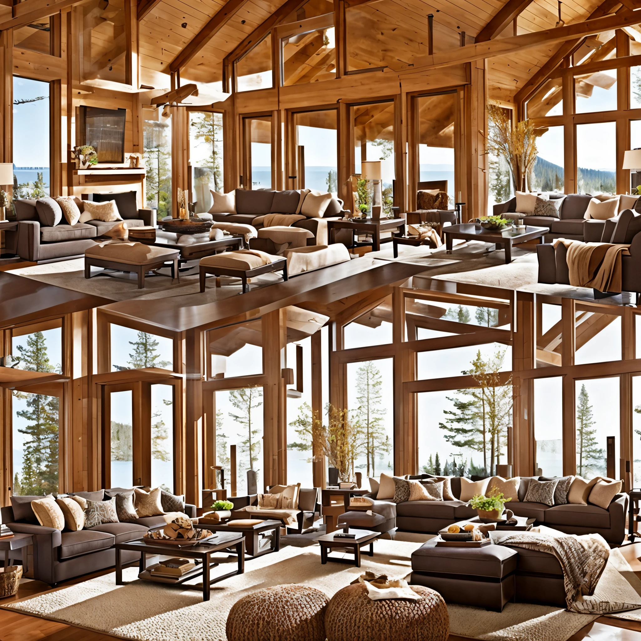 A DOUBLE-HEIGHT CEILING LIVING ROOM WITH A LARGE, FLOOR-TO-CEILING
WINDOW ON ONE SIDE LOG CABIN. OUTSIDE IS A DARK SNOW-COVERED
LANDSCAPE. THE LIVING AREA IS FURNISHED WITH PLUSH, CONTEMPORARY
SOFAS AND CHAIRS IN NEUTRAL TONES, GROUPED AROUND A LOW, CENTRAL
COFFEE TABLE. THE ROOM'S COLOR PALETTE IS COMPOSED OF DARK BROWN AND WARM TONES, WITH THE SOFT LIGHTING FROM VARIOUS LAMPS ADDING A COZY AMBIANCE.