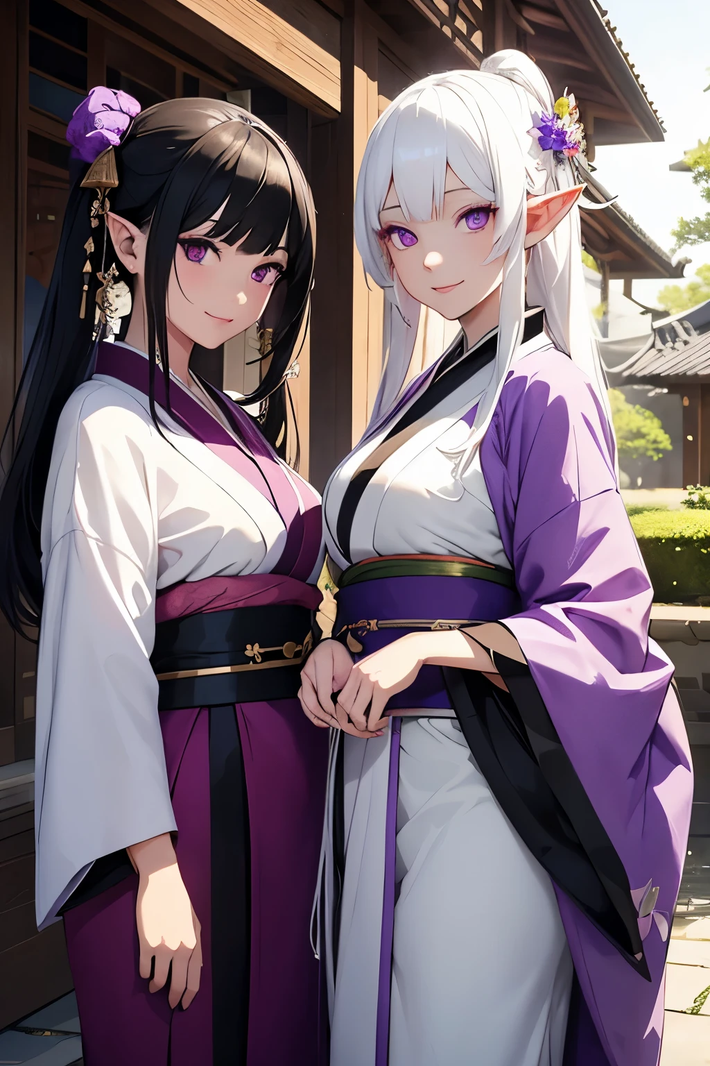 2 young elf girls, white hair and black hair, purple eyes red eyes, wearing a white and purple Kimono, outside of a mansion, day, realistic lighting, masterpiece, high detail, detailed eyes, detailed face, smiling gently, genshin impact,perfect anatomy