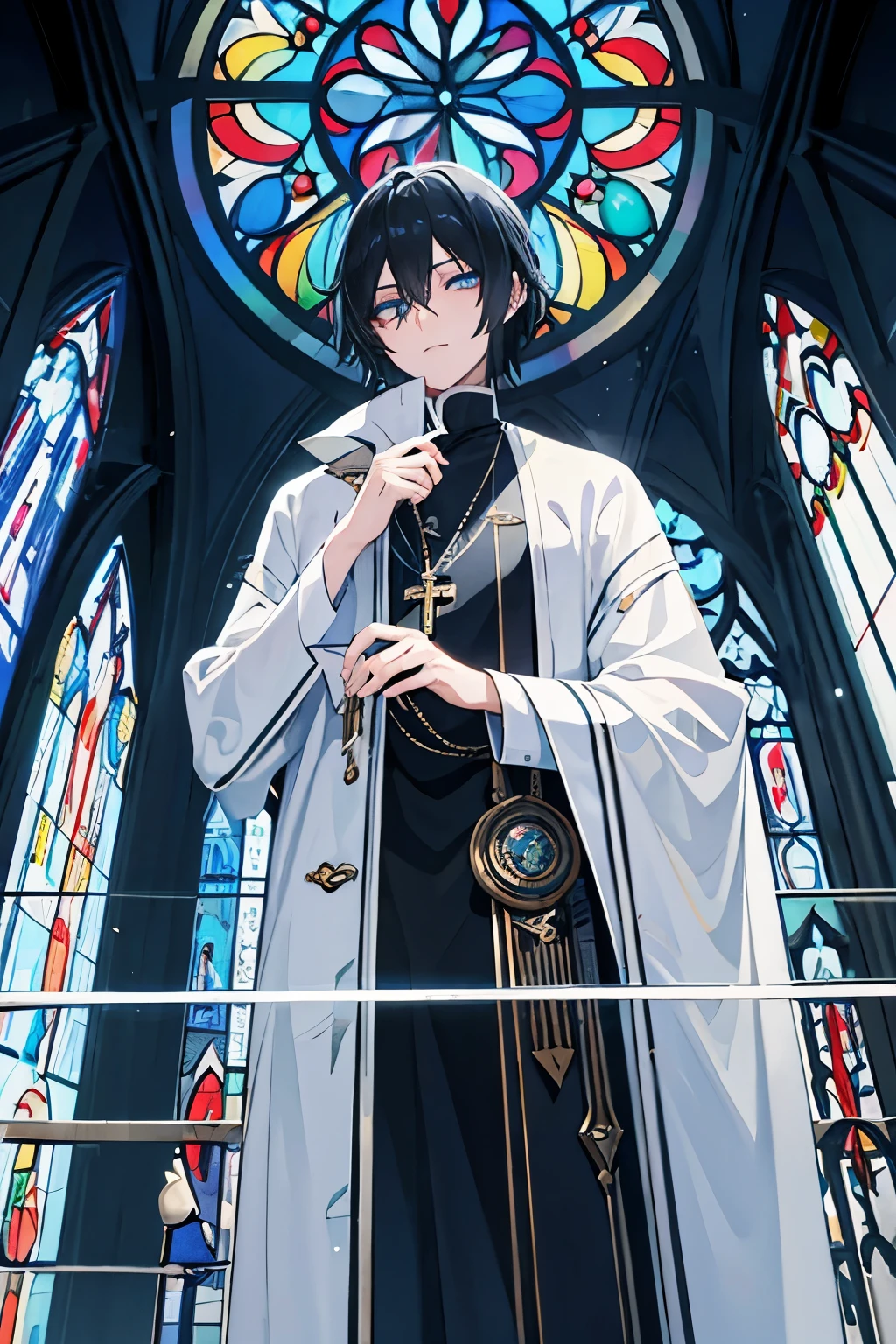 male black hair blue eyes Fr. church Playing the organ Stained glass masterpiece Highest image quality noise removal clear parts cinematic shadow Increased attractiveness of the eyes clear parts the shine of the eyes Draw eyelashes neatly perfect eyes detailed eyes Sharpen image quality Sharpen eye writing clear parts eye shape