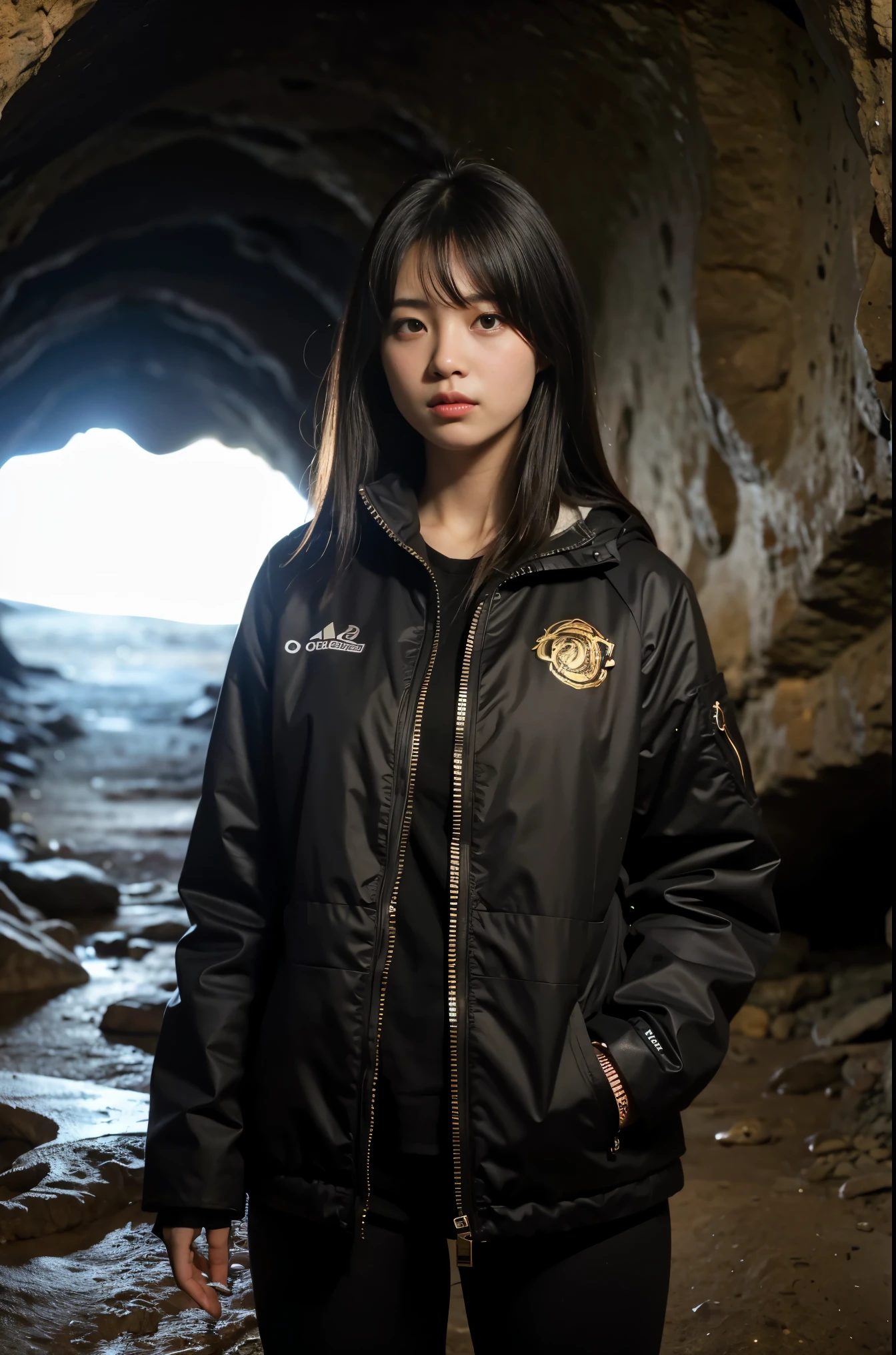 Girl stand in front of huge snake in the cave, dark cave with the light come from top of the cave