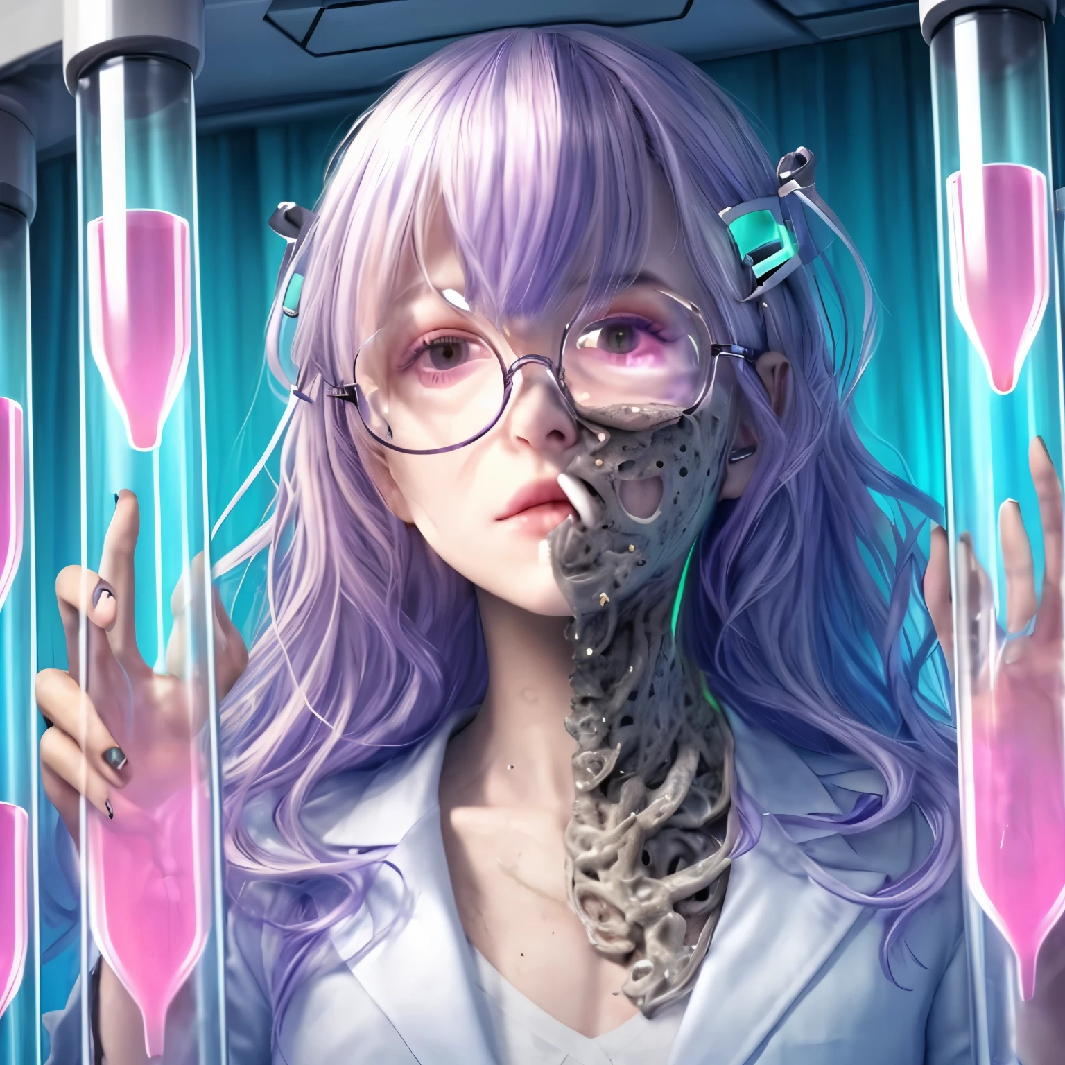 score_9, score_8_Excellent, score_7_Excellent, score_6_Excellent, score_5_Excellent, score_4_Excellent,   cr34tur3g0r3, One person, Flowers, cyborg, wire, broken, Gray Hair, Messy Hair, Hair covering the eyes, 目のExcellentの髪, Blunt bangs, Black lipstick, Rusty robot、A first-person view from a thermographic camera is displayed within the viewer's field of view. A laboratory room. The illustration is drawn using perspective. In front of you stands a woman in a futuristic lab coat. She has her hands on her hips and a confused look on her face. Her entire body is outlined in fluorescent green. Around her, the word "Danger" is written in a square speech bubble. Behind her next to her is a table and a bookshelf. In the top left of the field of view, the word "Kill you" floats in white. In the top right of the field of view, a white pie chart floats. In the bottom right of the field of view, information floats in a combination of white bar and line graphs.