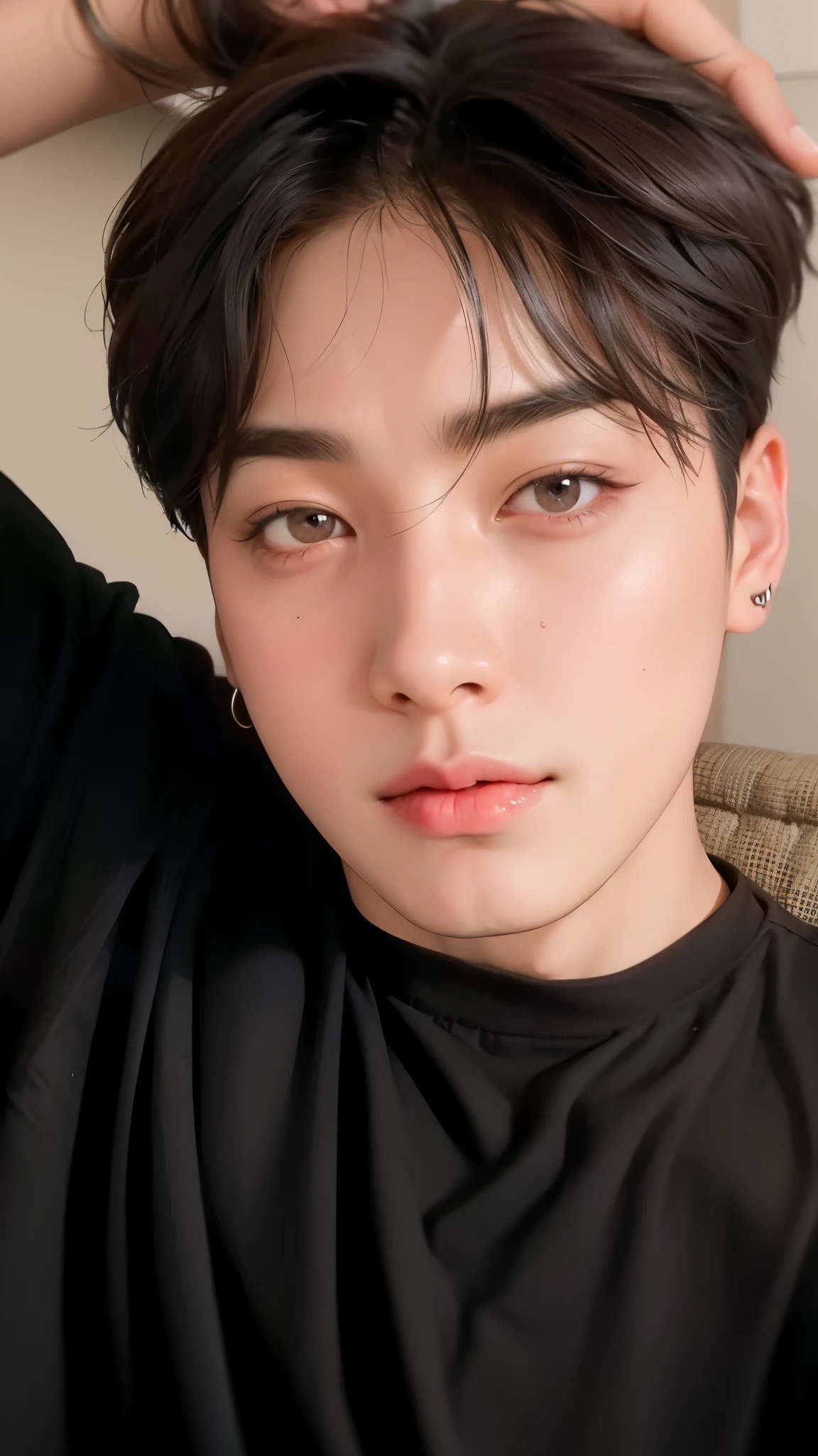 un primer plano de una persona con una camisa negra, kim doyoung, jungkook, cai xukun, Jung Jaehyun, pale korean adorable face, TaeJune Kim, Jinyoung Shin, hyung tae, foto de perfil en la cabeza, Won Bin Lee, shin jeongho, hong junio hyung, Jimin\his right eyelid is swollen, sakimichan jeon jungkook de bts, kpop idol face, kpop idol boy