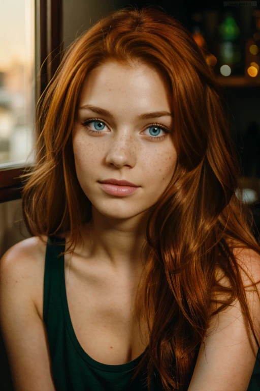 portrait of a young 25 year old girl with long wayed red hair with bags, red hairstyle, green beautiful eyes, with cute and desirable face illuminated by golden-hour sunlight, glowing red hair, with freckles, ultra realistic, 8k, 4k, light freckles, natural skin, textured skin