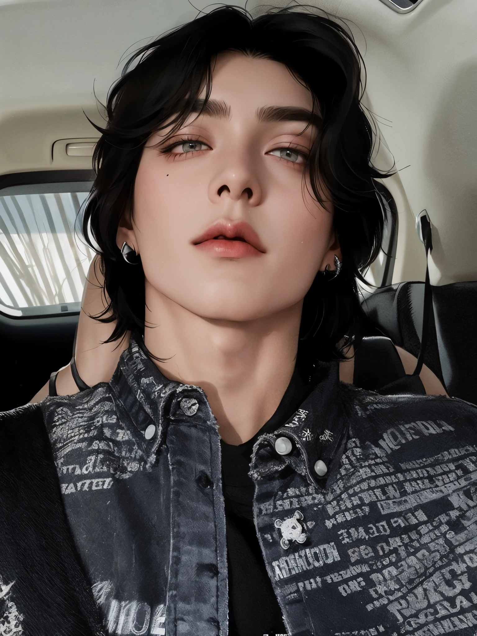 Hombre arafed con piercings en la cara en un coche, androgynous face, xqc, androgynous person, androgynous, androgynous male, cai xukun, Finn Wolfhard, septum piercing, using spikes and piercings, declan mckenna, mirada penetrante, beautiful androgynous girl, beautiful androgynous prince jeon jungkook de bts kpop boy face jungkook