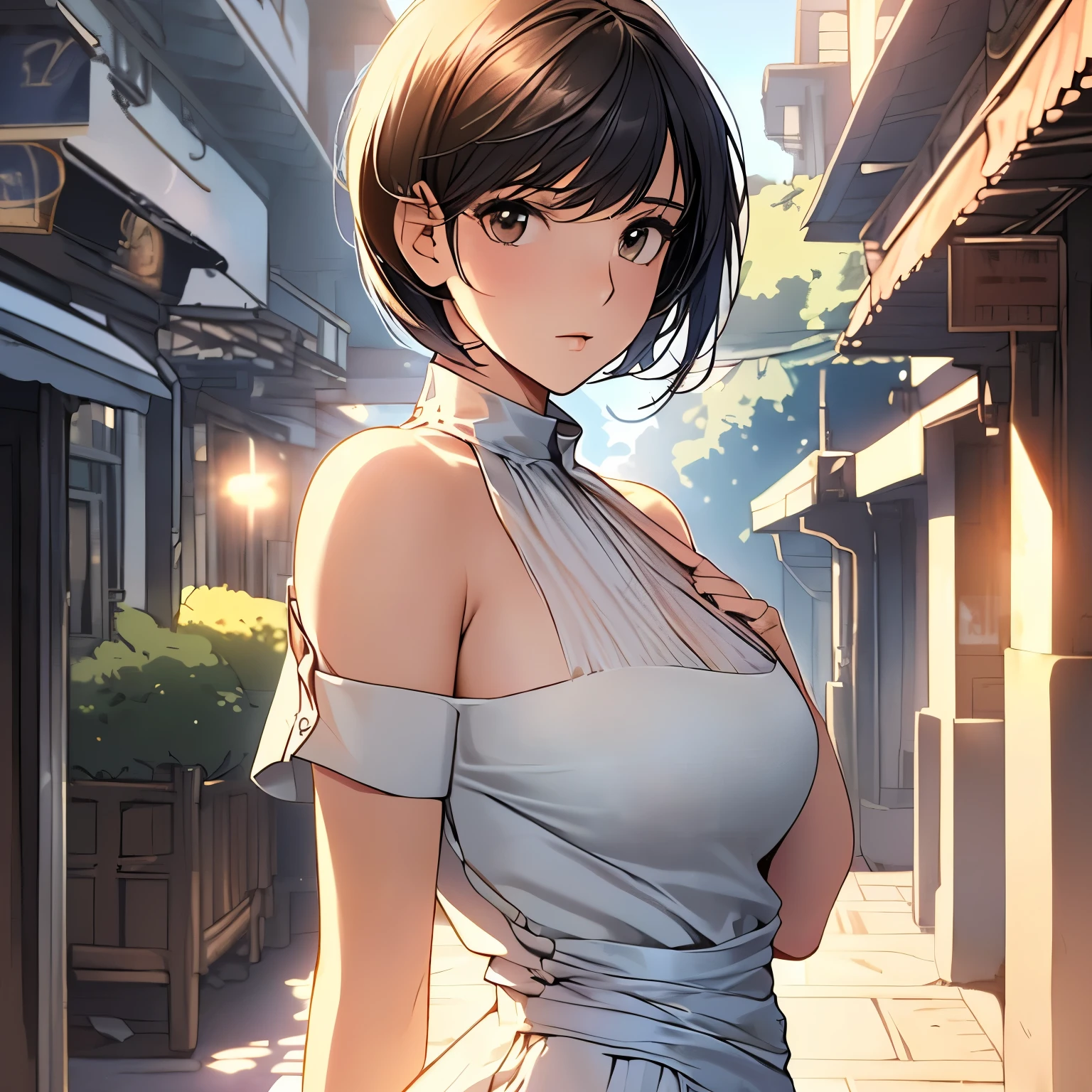 best quality, 1girl, (skindentation), (huge breast:1.2), (blur background:0.6), (street:1.2), (people, crowds:1), garden, day, outdoor, (casual yet stylish, elegant cloth, high neck dress:1.5), gorgeous, (bangs, short hair:1.5), (floating hair:1.2), (dynamic pose:1.2), soft lighting, wind, (front light:1.5),  makeup, manhwa style, 30 year old, milf