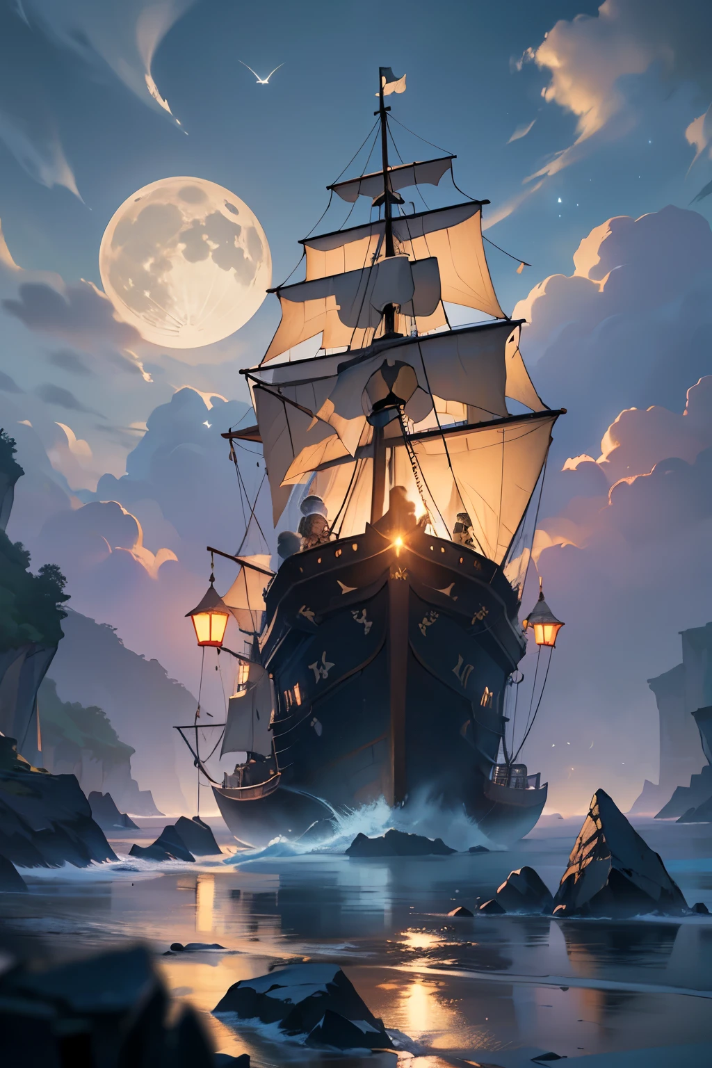(ultra-detailed, highres, realistic:1.37),pirate bay at night,sparkling stars,calm sea,full moonlight,hidden treasures,old wooden ship,silhouette of pirates,shadows dancing on the beach,smoke rising from the ship's chimney,a ghostly aura,Middle Ages atmosphere,shipwreck,echoing sounds of waves,whispers of the night,hidden caves,distant island with a lighthouse,mysterious fog,shimmering reflections on the water,dark clouds,ominous shadows,majestic cliffs,rum barrels,pirate flags fluttering in the wind,glowing lanterns,moonlit path leading to adventure,sailing under the starry sky,secrets of the deep sea,seagulls flying above,treasure map unfolding,keys to unlock ancient chests,golden coins scattered on the shore,skull and crossbones symbol,stolen jewels glimmering,sailors with eye patches,whistling wind,moonlit pirate stories sung around the fire.