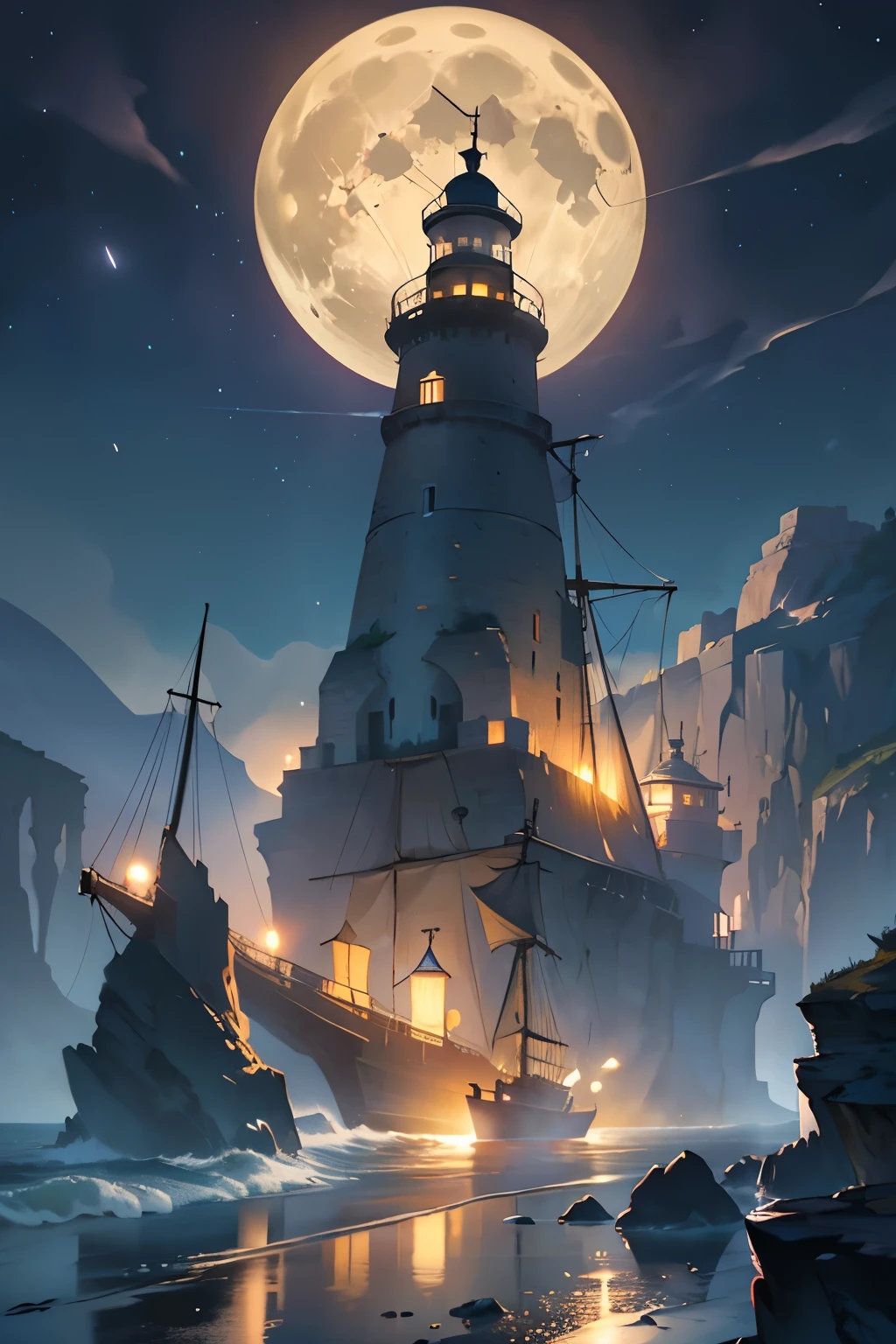(ultra-detailed, highres, realistic:1.37),pirate bay at night,sparkling stars,calm sea,full moonlight,hidden treasures,old wooden ship,silhouette of pirates,shadows dancing on the beach,smoke rising from the ship's chimney,a ghostly aura,Middle Ages atmosphere,shipwreck,echoing sounds of waves,whispers of the night,hidden caves,distant island with a lighthouse,mysterious fog,shimmering reflections on the water,dark clouds,ominous shadows,majestic cliffs,rum barrels,pirate flags fluttering in the wind,glowing lanterns,moonlit path leading to adventure,sailing under the starry sky,secrets of the deep sea,seagulls flying above,treasure map unfolding,keys to unlock ancient chests,golden coins scattered on the shore,skull and crossbones symbol,stolen jewels glimmering,sailors with eye patches,whistling wind,moonlit pirate stories sung around the fire.