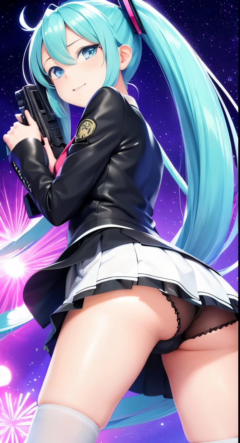 Hatsune Miku、Anime girl with long hair and a gun in her hand,Shimashima Pantiesがよく見える、Hatsune Miku、Squatting、spread legs、show panties,super mini skirt、緑と白のShimashima Panties、From miniskirt to c Kantai Collection style,Shimashima Panties、super mini skirt、 portrait anime space cadet girl, Best Anime 4K Kona-chan Wallpaper, terrible anime 8k, High-definition official artwork, Trending with Art Station Pixiv, perfect android girl, cyborg - girl with silver hair, anime style 4k, anime art wallpaper 8k, azur lane style