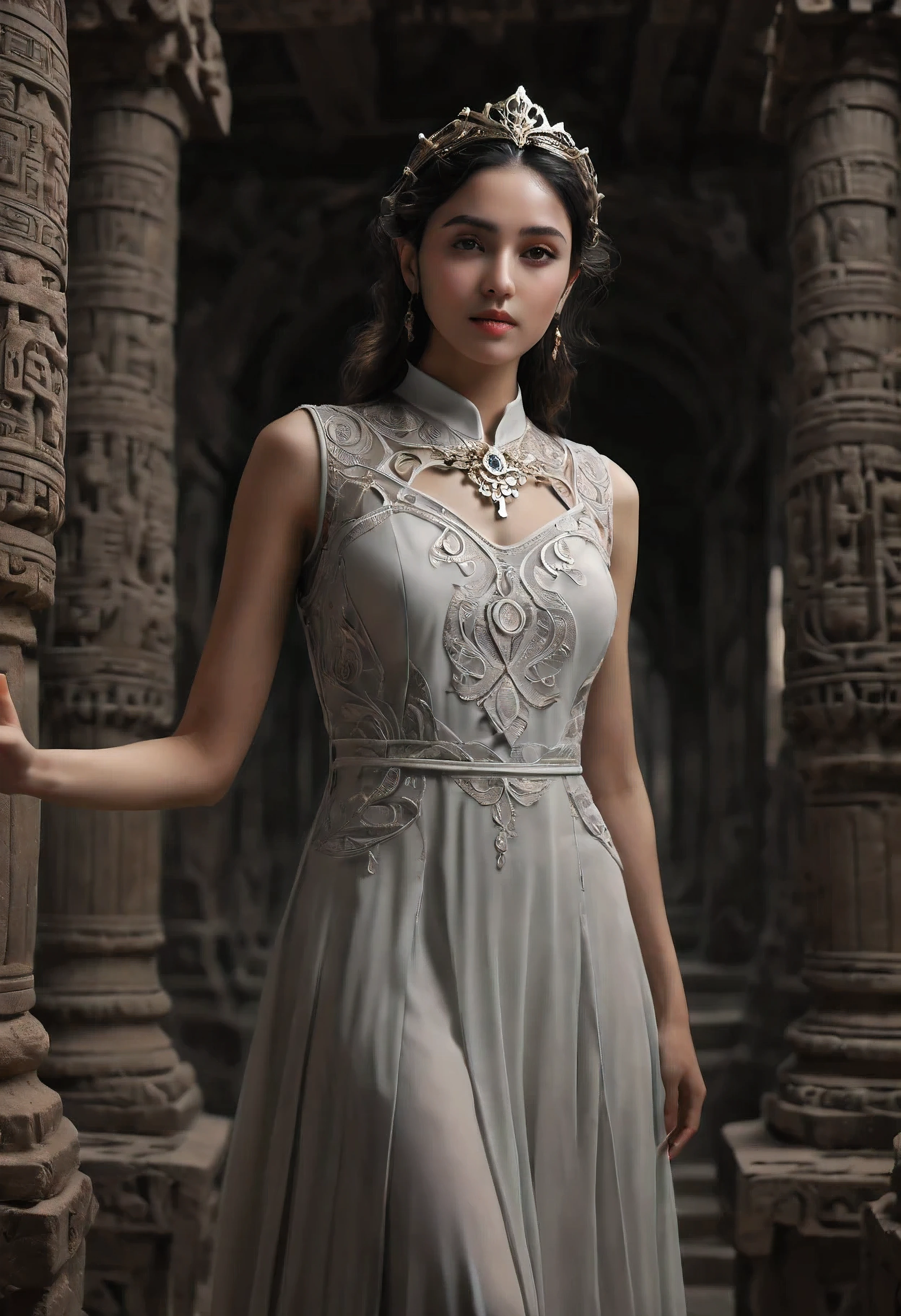 (Masterpiece in maximum 16K resolution:1.6), (intricate detail:1.4), (extremely insane detail:1.4),(highest quality:1.3),(Hyper_realistic:1.3). | ((Soft_color_tones):1.3),Clear light, Edge lighting, Perfect image, 16k UE5,editorial photograph, superfine, Product photography, Depth of field, Nikon D850, Ultra-realistic, no contrast, clean sharp focus, professional, No blurring. | ((Ancient underground temple):1.3), ((Ancient temple as main focus):1.2), Very dark place that with torchlight, as delicate torchlight lit the environment around, ancient ornament everywhere, great environment, subtly dark,ancient art behance,surreal, It gives a majestic aura. | (A pretty female priest):1.3), {The camera is positioned very close to her, revealing her entire body as she adopts a dynamic_pose, boldly moving around the scene in an exciting way} | She is adopting a ((dynamic_pose as interacts, boldly moving a exciting way):1.3), ((perfect_pose)), ((perfect_pose):1.5), (((full body))), ((perfect_fingers, better_hands, perfect_hands, perfect_legs)), ((perfect_fingers, better_hands, perfect_hands, perfect_legs):0.7), (((More_Detail))).