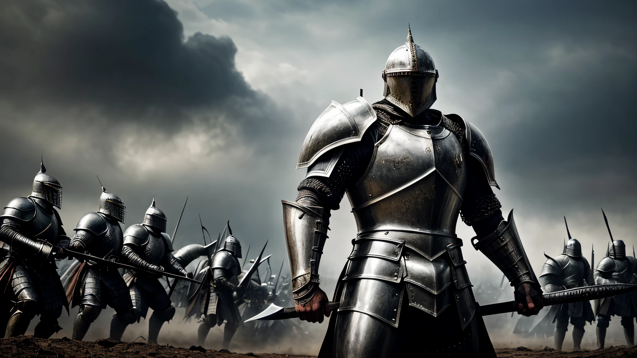 An imposing knight clad in heavy armor stands on the battlefield with more knights, wielding a massive battle axe. His armor gleams with metallic luster, showcasing its strength and defensive capabilities. The intricate details of the armor add to its impressive appearance. The background is filled with smoke, creating a tense and intense atmosphere of battle. This high-quality image captures the essence of a heavily armored knight, perfect for projects that require a sense of power and determination.