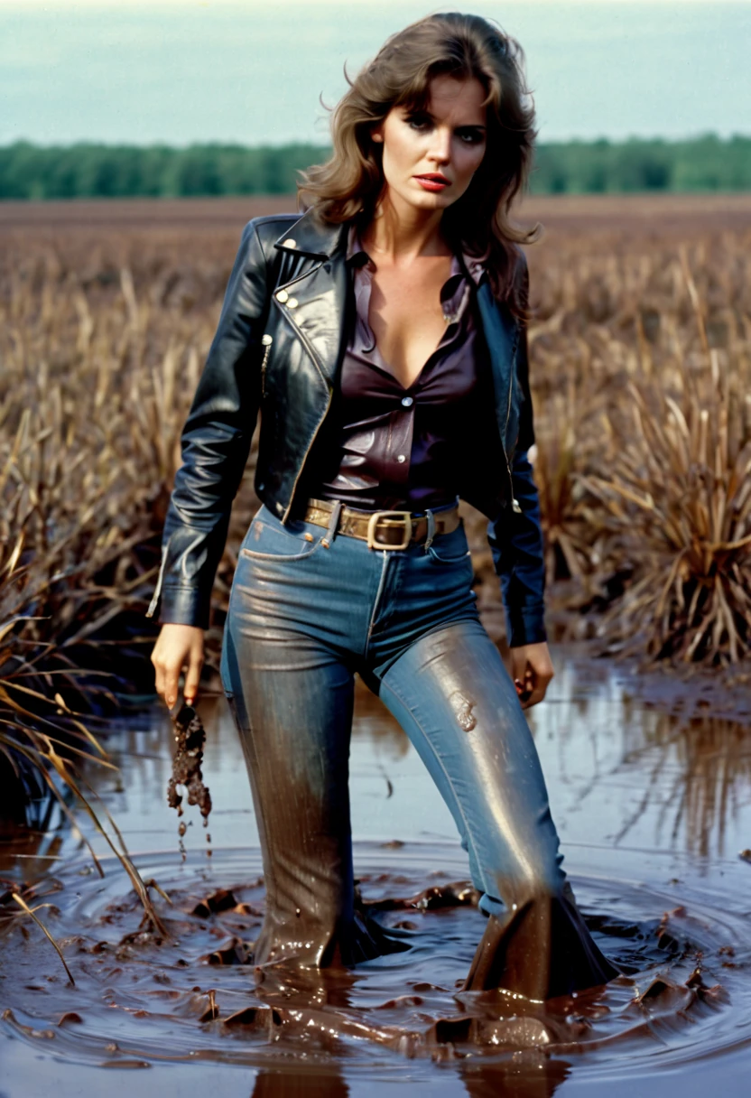 70s setting, film photo of brunette woman in muddy worn-out high waist jeans and leather jacket and blouse drowning in bog while indulging in her shameful fetish, flares