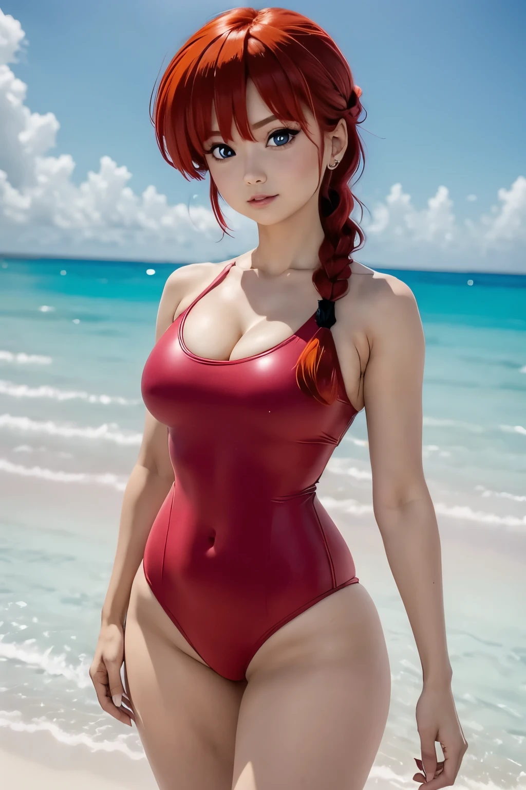 Redhead anime girl wearing a pink latex swimsuit, 17 anos, corpo perfeito, seios grandes aredondados, red hair with braid, beautiful lighting, olhos azuis, pernas bonitas, hair with a braid, estilo snime, Ranma Chan, Autora Rumiko Takahashi, Baseado em obra de Rumiko Takahashi, Anime ranma 1/2, big , seios grandes e redondos, decote sexy, quadril robusto, bunda grande, seios volumosos